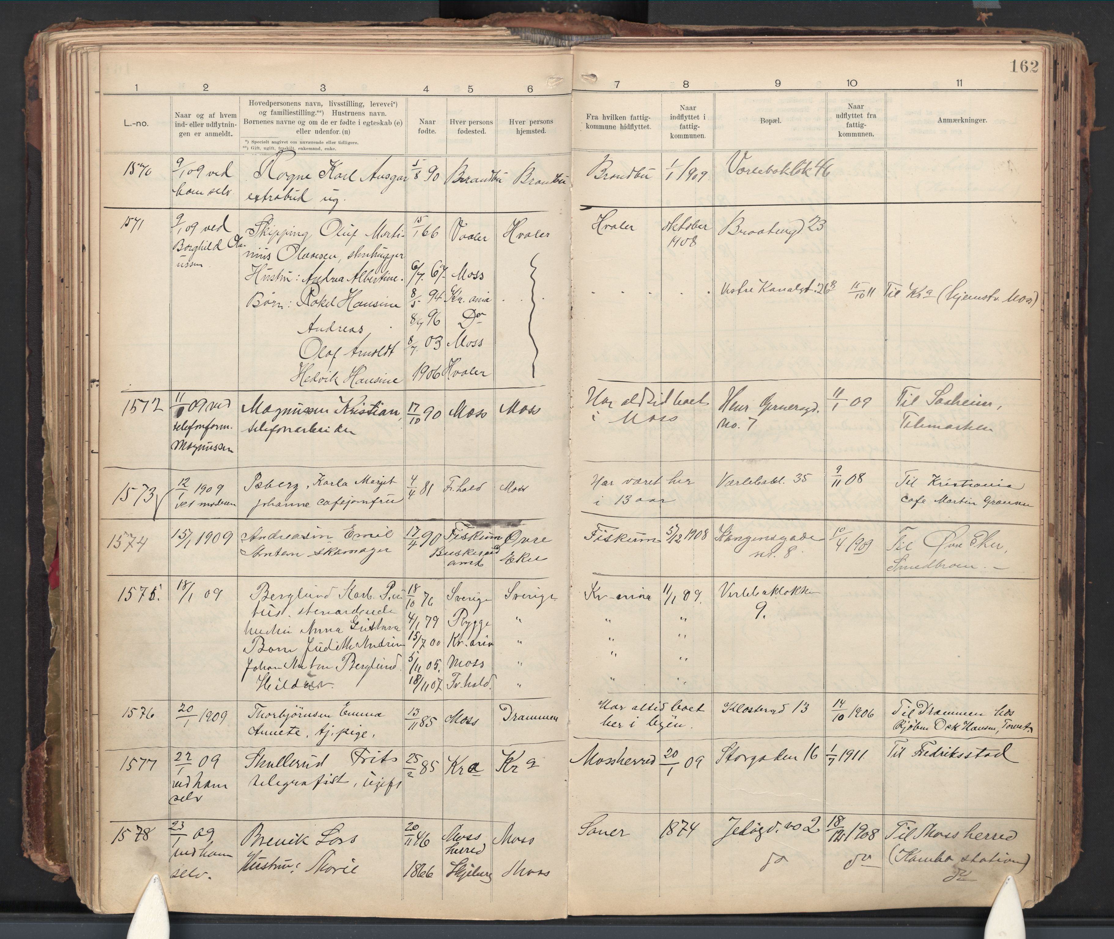 Moss folkeregister, AV/SAO-A-10020/J/L0002: Inn- og utflyttede i Moss fattigkommune, 1905-1913, s. 162