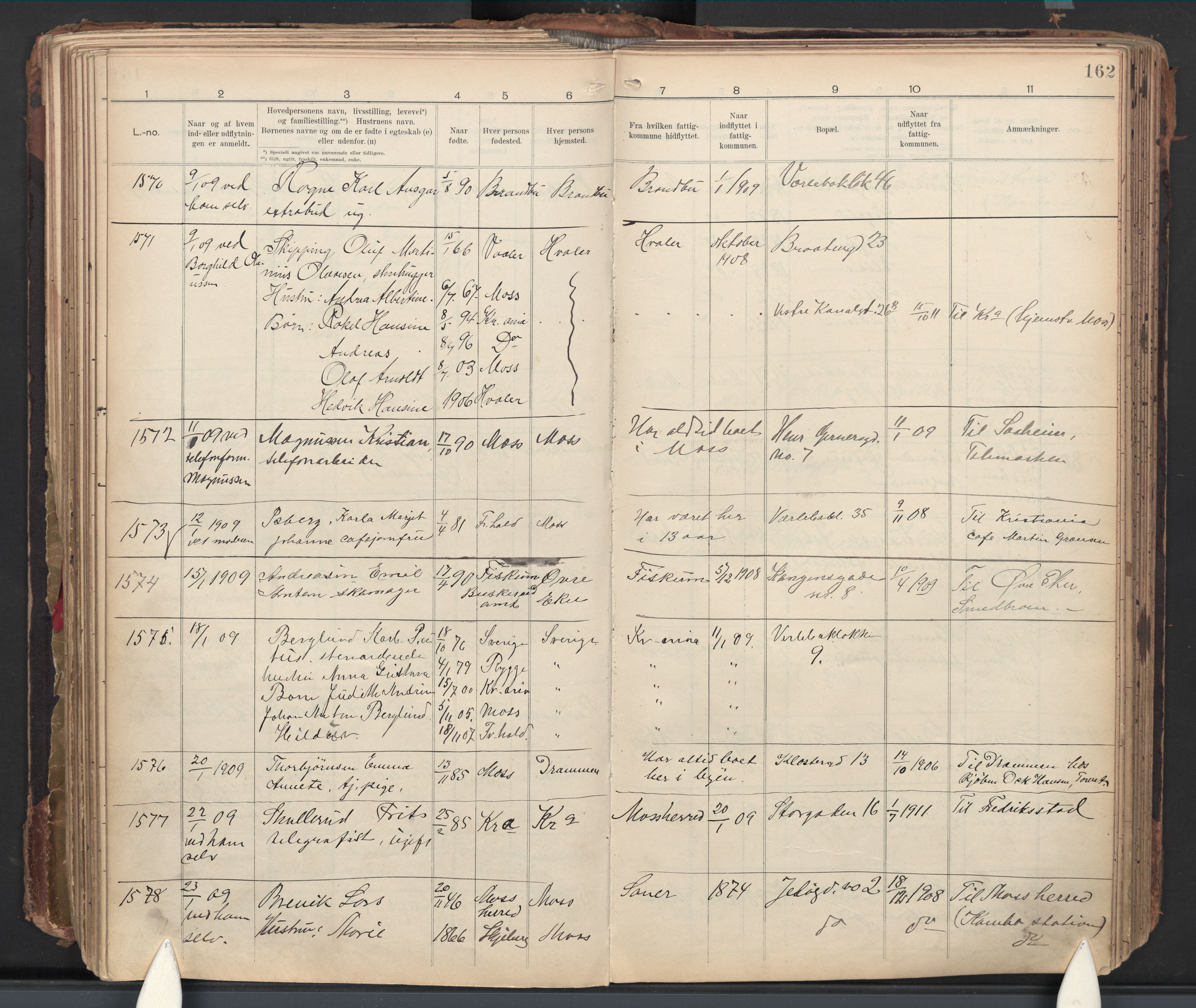 Moss folkeregister, SAO/A-10020/J/L0002: Inn- og utflyttede i Moss fattigkommune, 1905-1913, s. 162