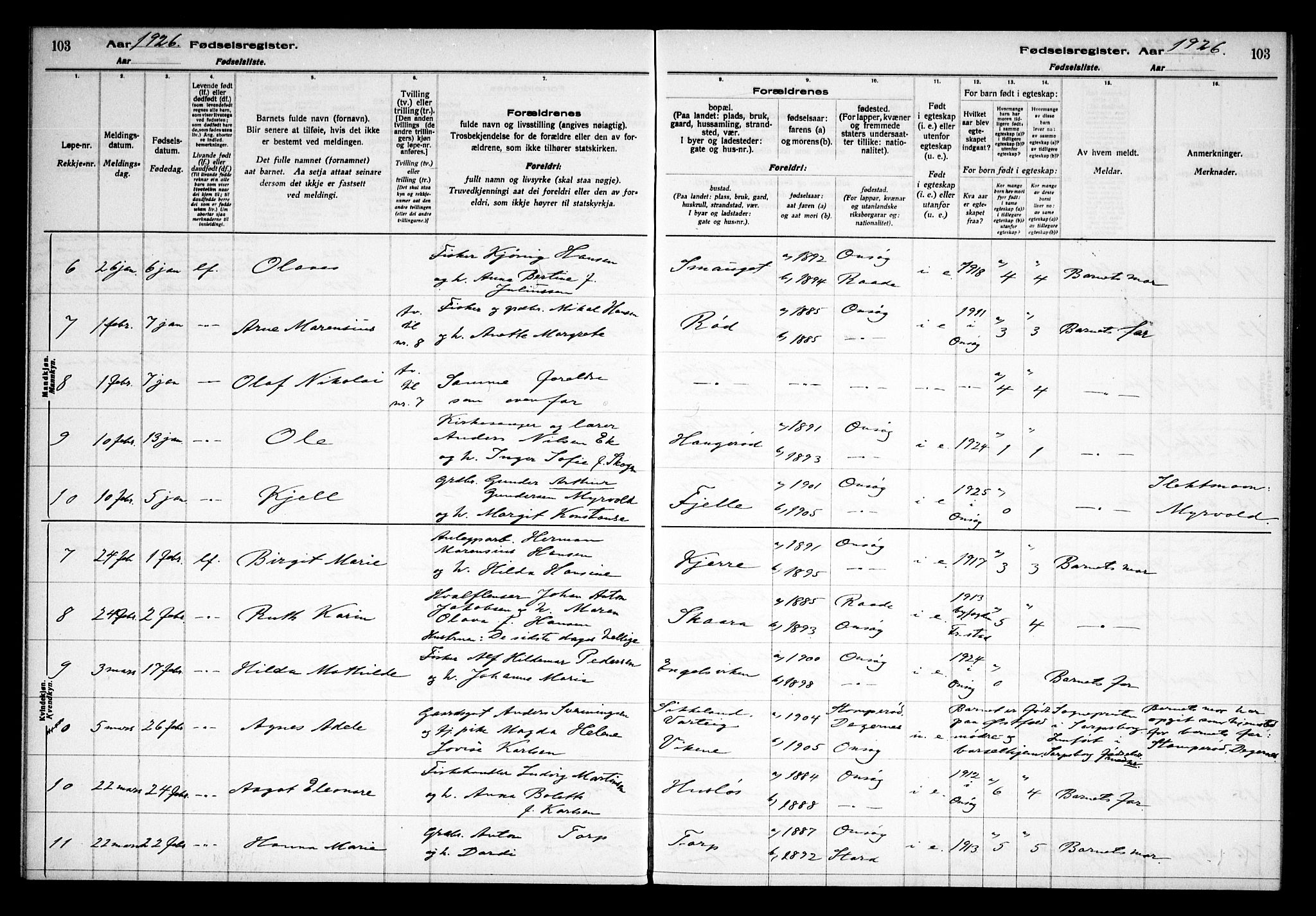 Onsøy prestekontor Kirkebøker, AV/SAO-A-10914/J/Ja/L0001: Fødselsregister nr. I 1, 1916-1937, s. 103