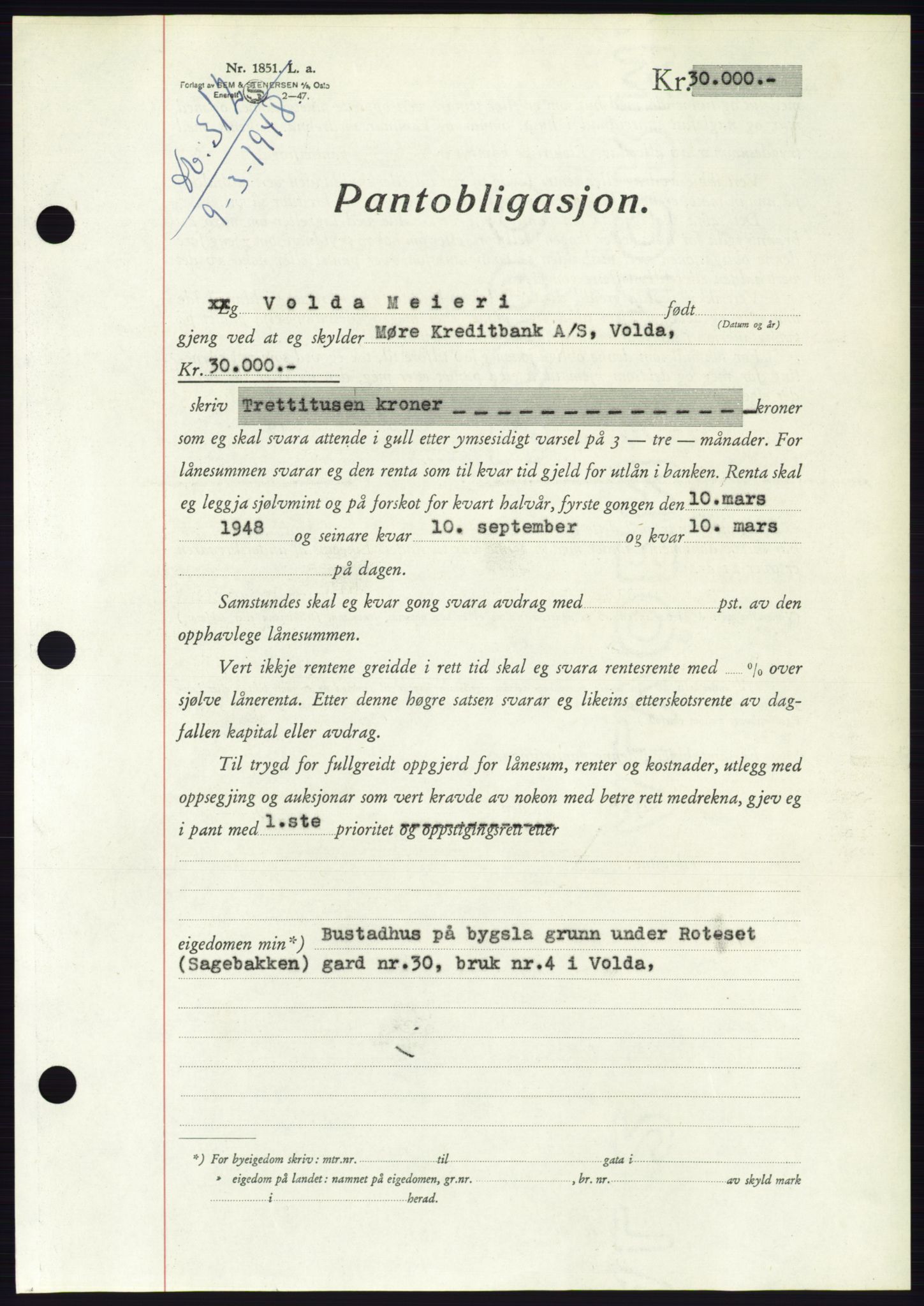 Søre Sunnmøre sorenskriveri, AV/SAT-A-4122/1/2/2C/L0115: Pantebok nr. 3B, 1947-1948, Dagboknr: 312/1948