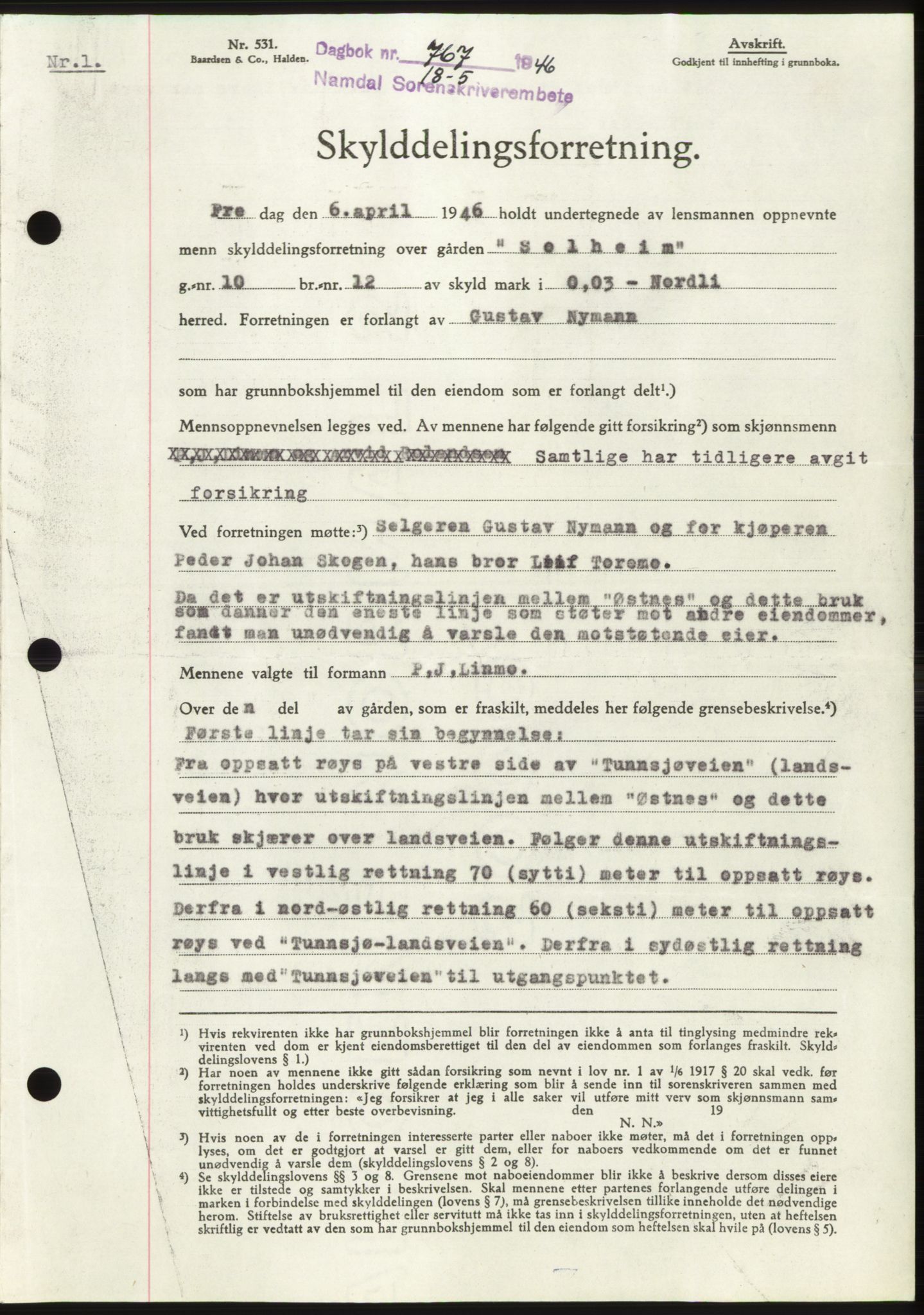 Namdal sorenskriveri, SAT/A-4133/1/2/2C: Pantebok nr. -, 1946-1946, Dagboknr: 767/1946