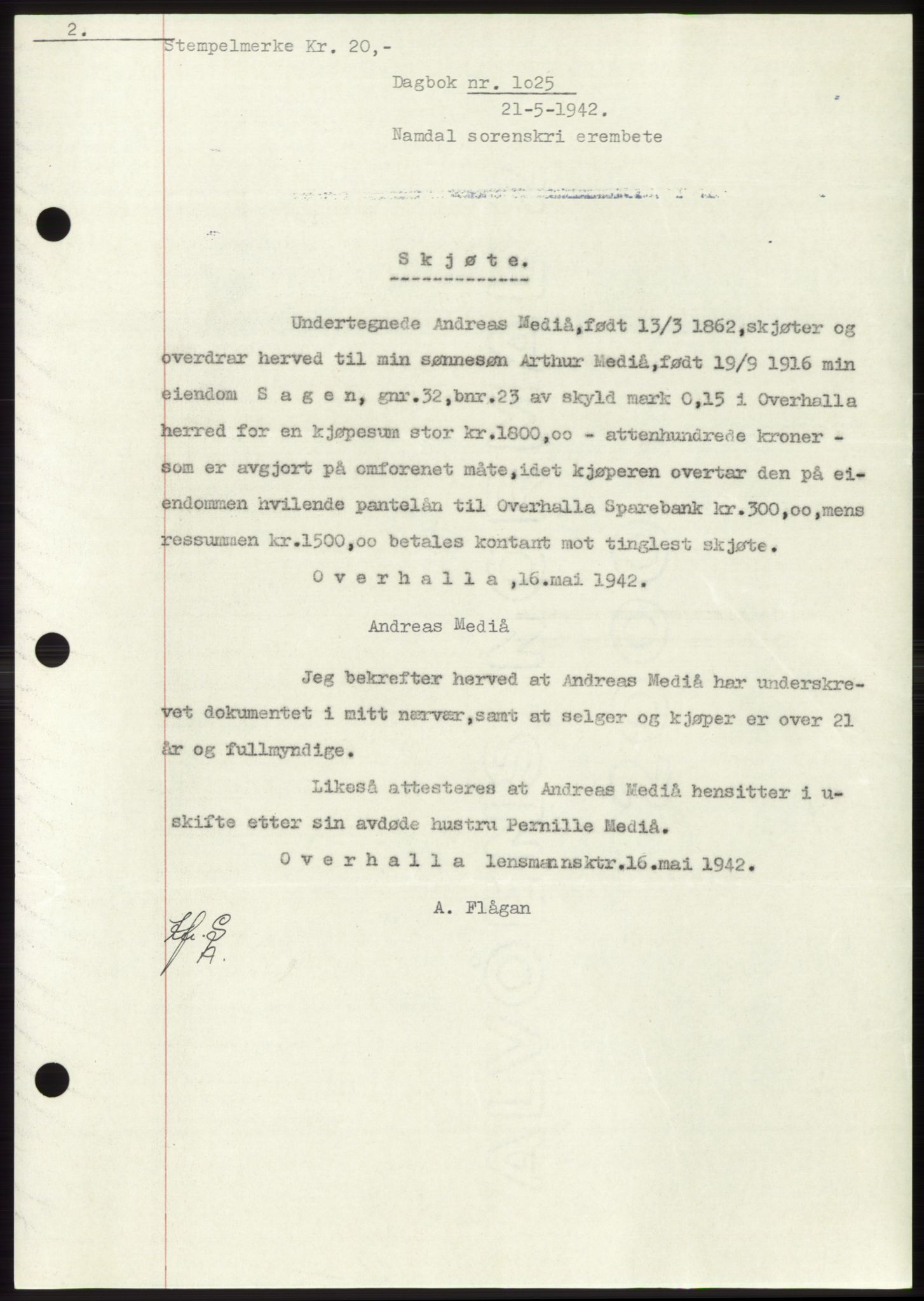 Namdal sorenskriveri, SAT/A-4133/1/2/2C: Pantebok nr. -, 1941-1942, Dagboknr: 1025/1942