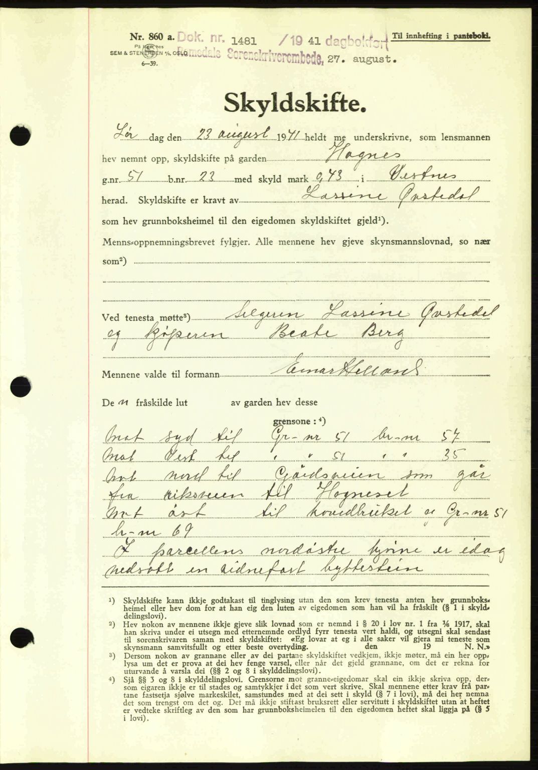 Romsdal sorenskriveri, AV/SAT-A-4149/1/2/2C: Pantebok nr. A10, 1941-1941, Dagboknr: 1481/1941