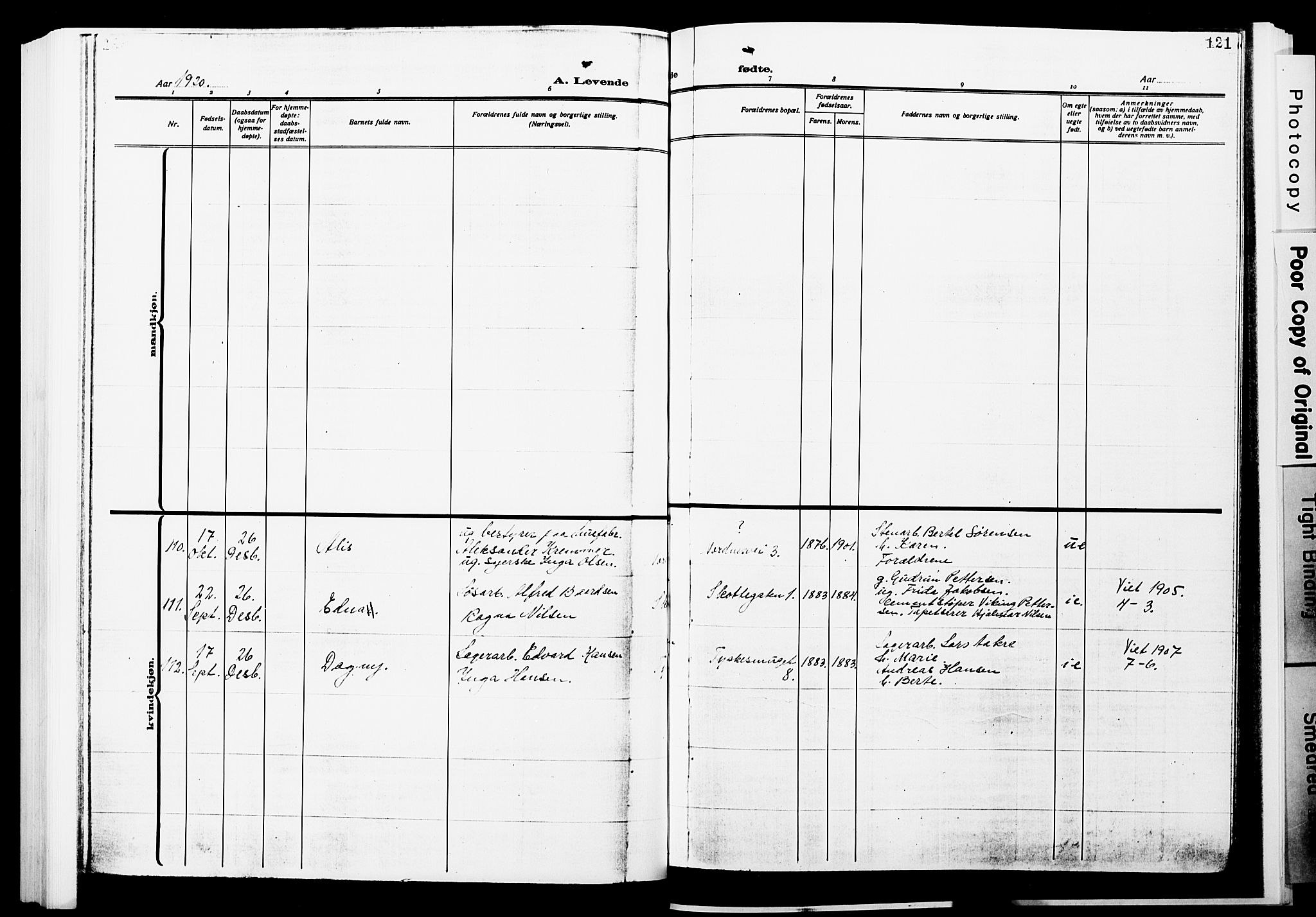 Nykirken Sokneprestembete, SAB/A-77101/H/Hab: Klokkerbok nr. B 7, 1916-1921, s. 121