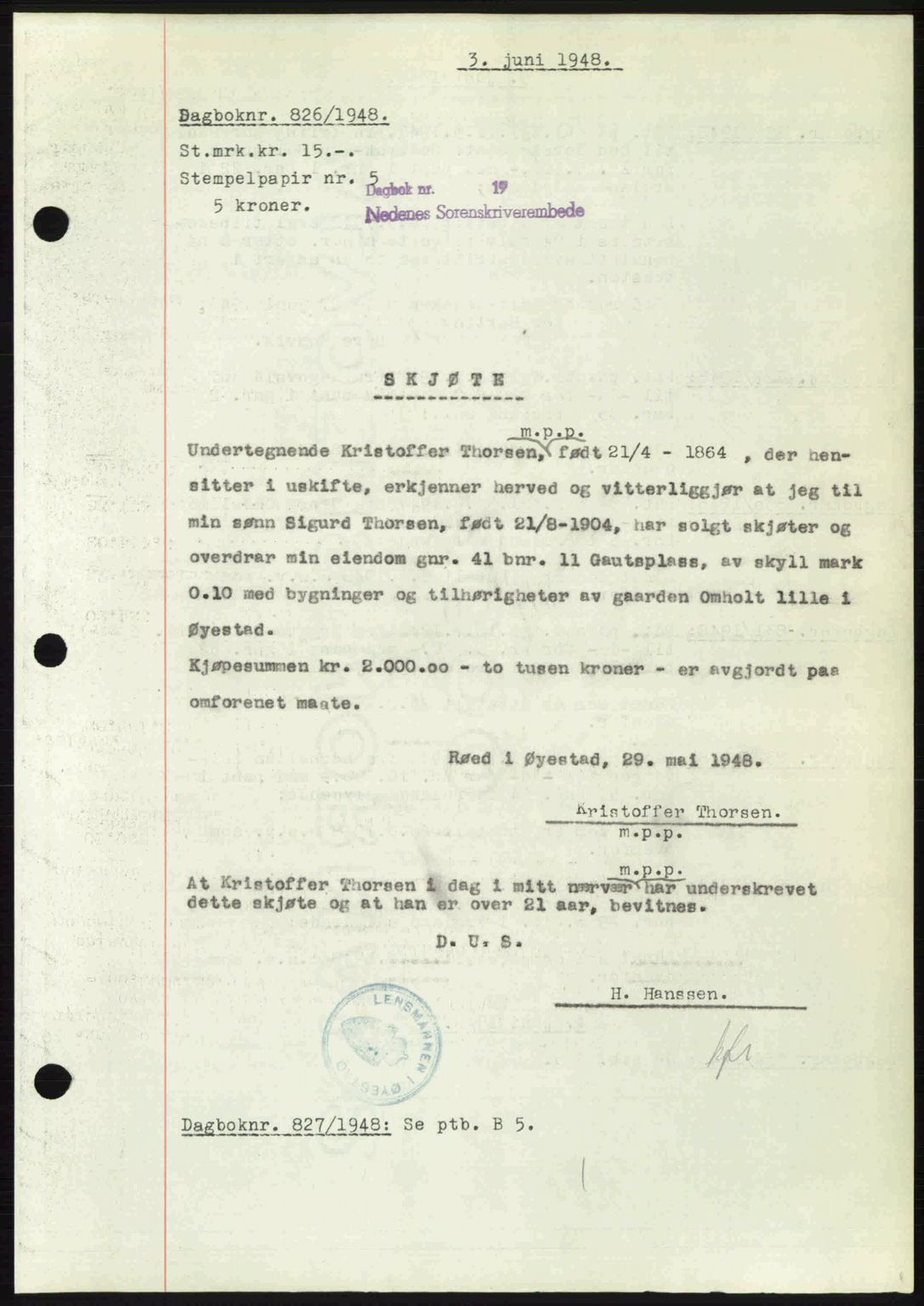 Nedenes sorenskriveri, AV/SAK-1221-0006/G/Gb/Gba/L0059: Pantebok nr. A11, 1948-1948, Dagboknr: 826/1948