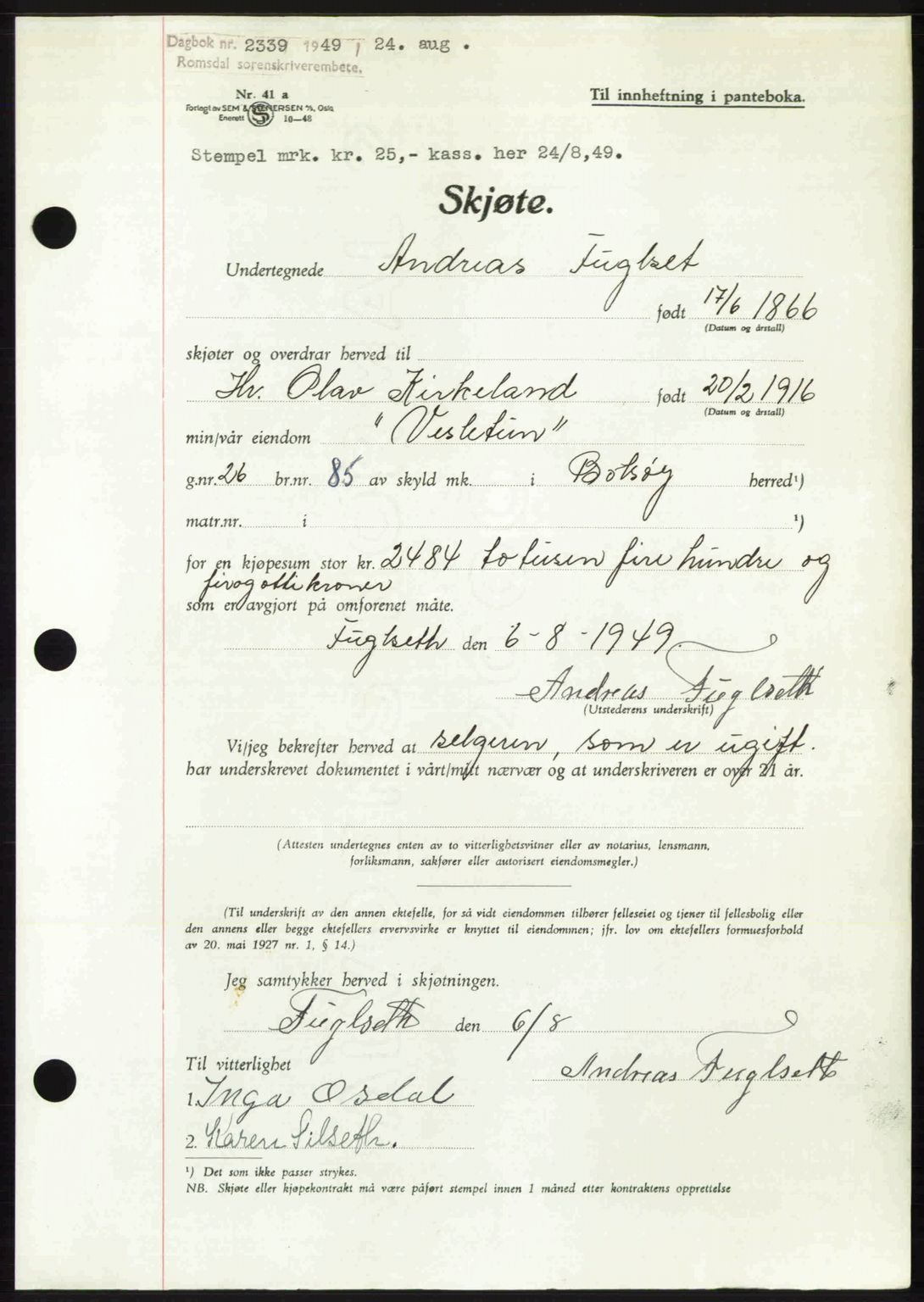 Romsdal sorenskriveri, SAT/A-4149/1/2/2C: Pantebok nr. A30, 1949-1949, Dagboknr: 2339/1949