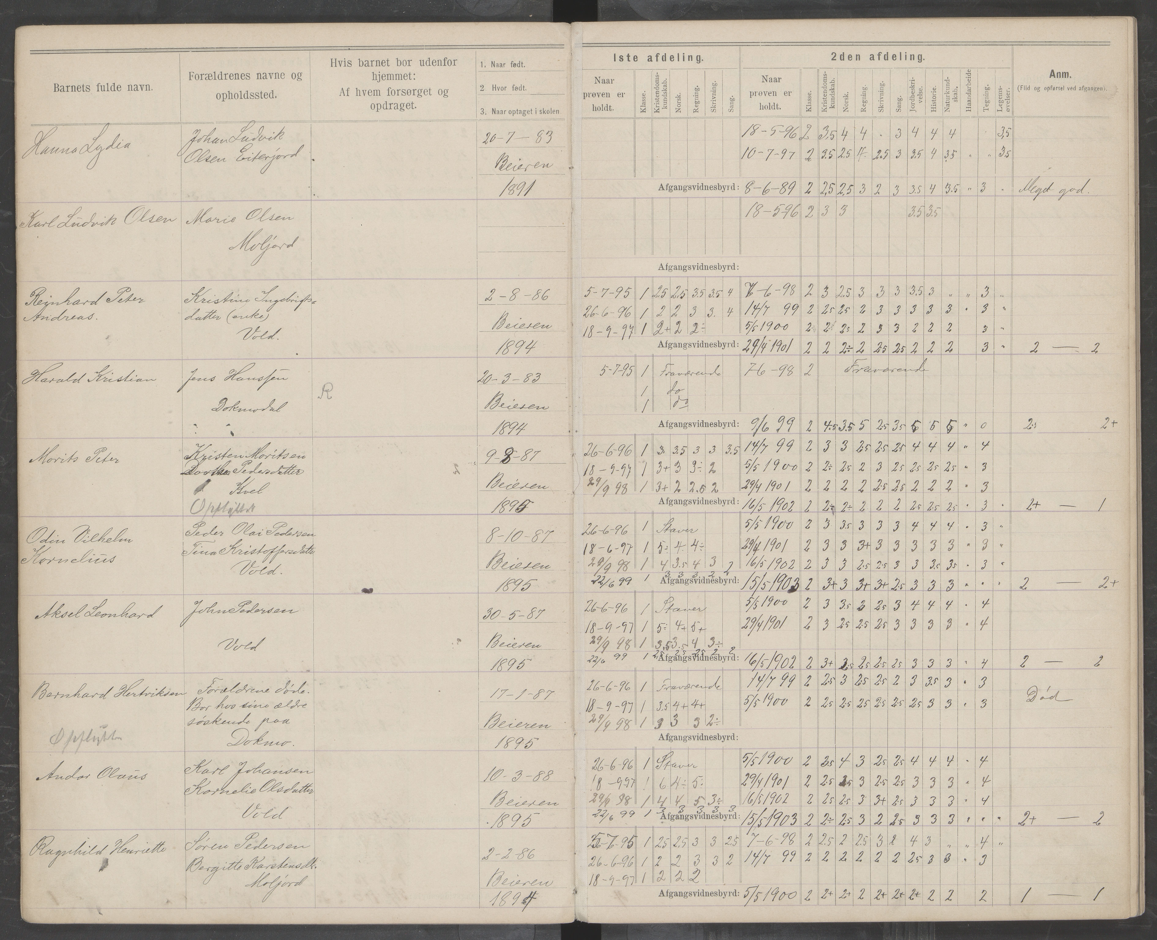 Beiarn kommune. Moldjord skolekrets, AIN/K-18390.510.14/442/L0004: Karakter/oversiktsprotokoll, 1892-1919