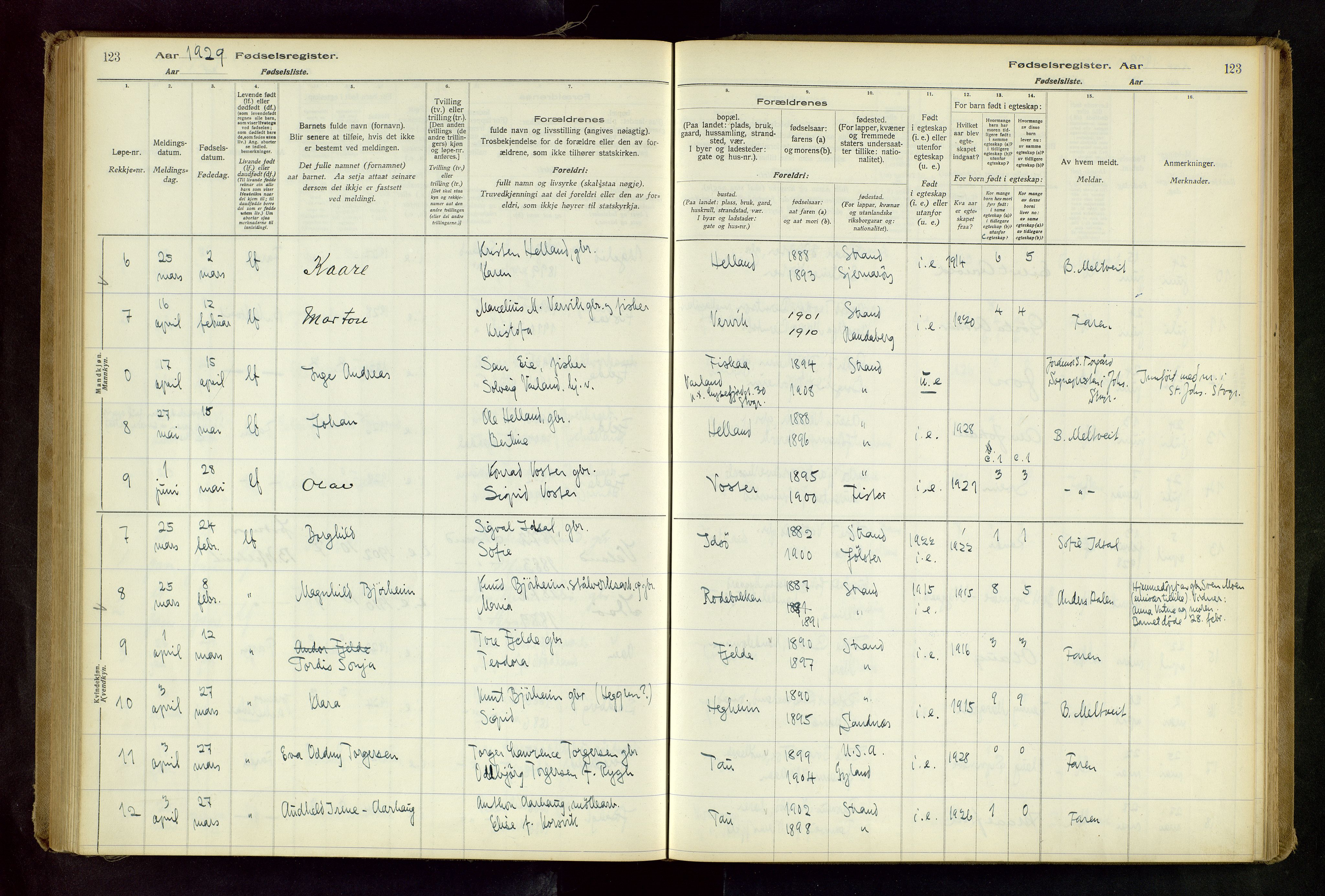 Strand sokneprestkontor, SAST/A-101828/I/Id/L0001: Fødselsregister nr. 1, 1916-1938, s. 123