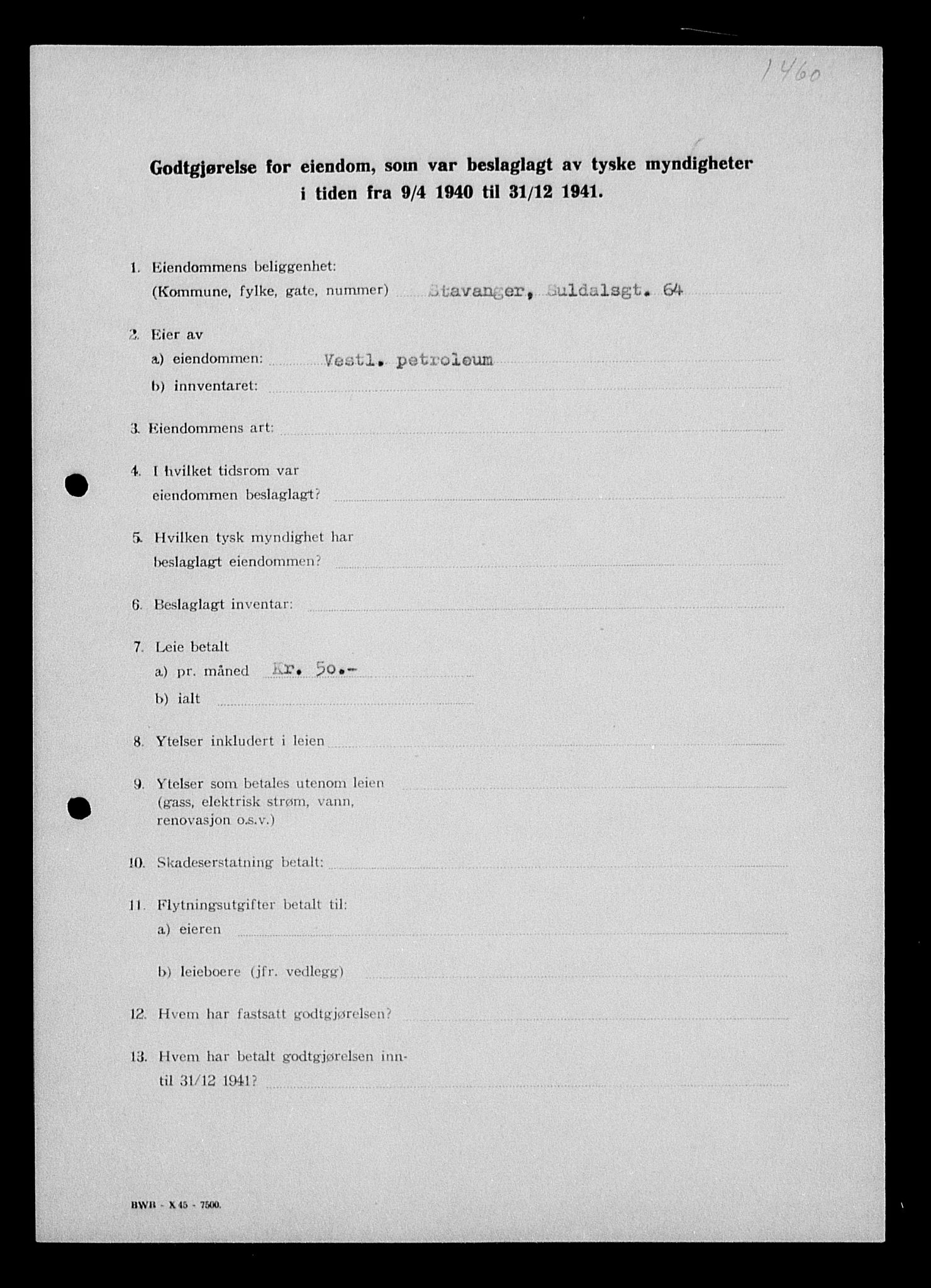 Justisdepartementet, Tilbakeføringskontoret for inndratte formuer, RA/S-1564/I/L1014: Godtgjørelse for beslaglagt eiendom, 1940-1941, s. 151