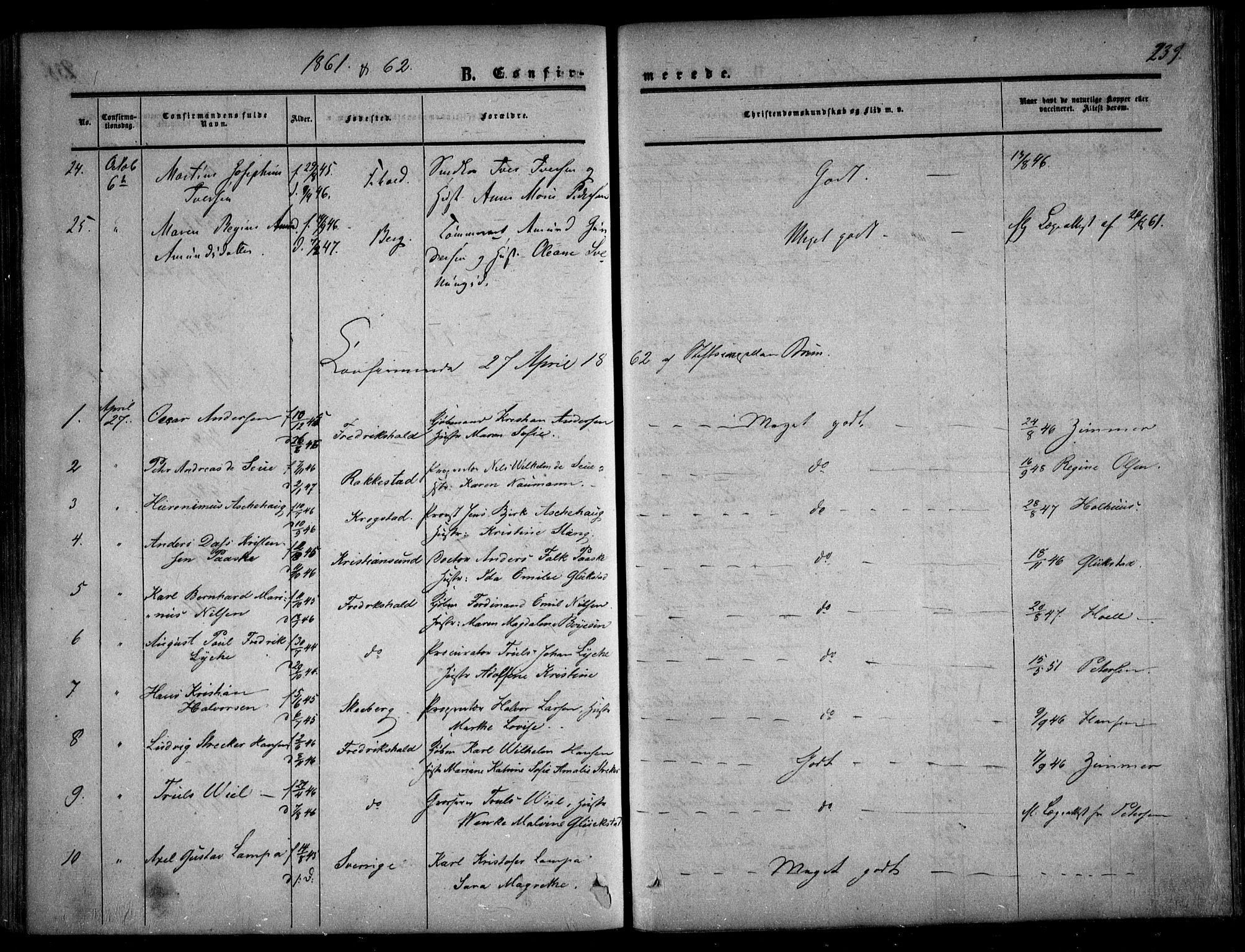 Halden prestekontor Kirkebøker, SAO/A-10909/F/Fa/L0007: Ministerialbok nr. I 7, 1857-1865, s. 239