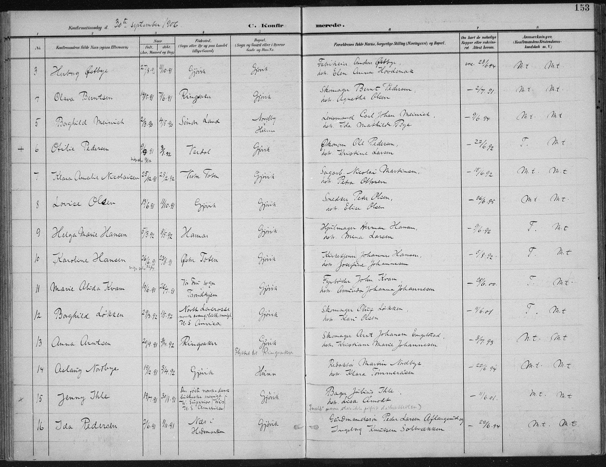 Vardal prestekontor, SAH/PREST-100/H/Ha/Haa/L0013: Ministerialbok nr. 13, 1901-1911, s. 153