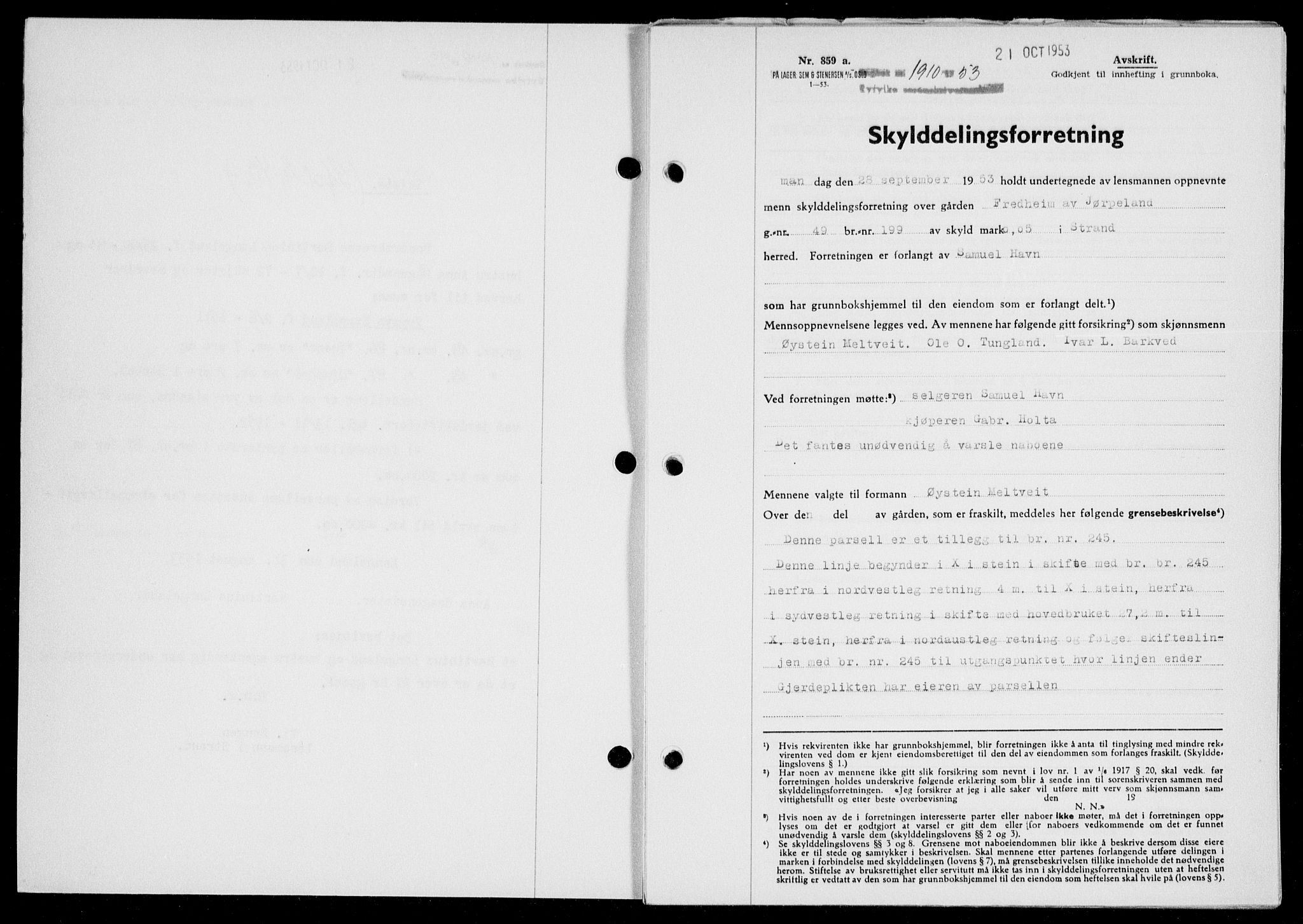Ryfylke tingrett, SAST/A-100055/001/II/IIB/L0123: Pantebok nr. 102, 1953-1954, Dagboknr: 1910/1953