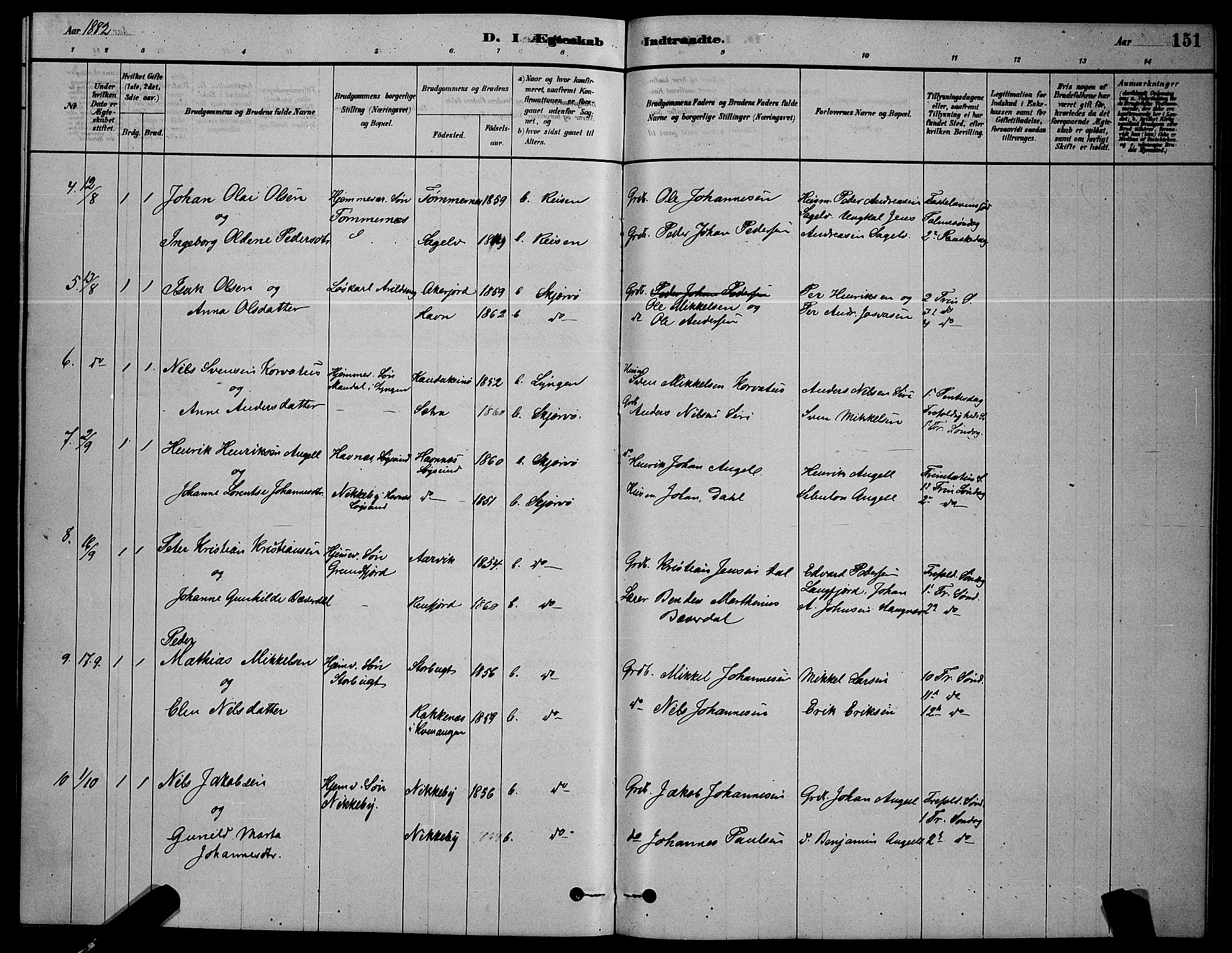 Skjervøy sokneprestkontor, AV/SATØ-S-1300/H/Ha/Hab/L0006klokker: Klokkerbok nr. 6, 1878-1888, s. 151