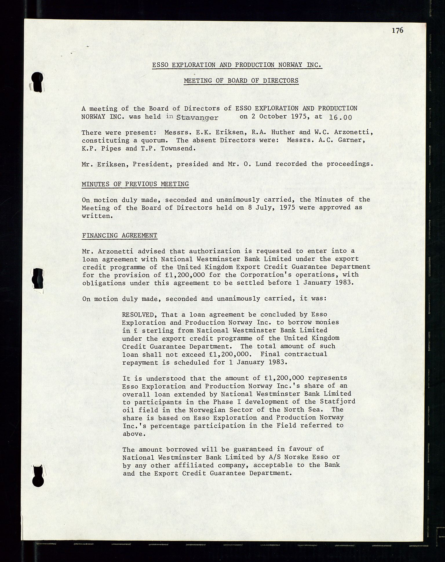 Pa 1512 - Esso Exploration and Production Norway Inc., AV/SAST-A-101917/A/Aa/L0001/0002: Styredokumenter / Corporate records, Board meeting minutes, Agreements, Stocholder meetings, 1975-1979, s. 7