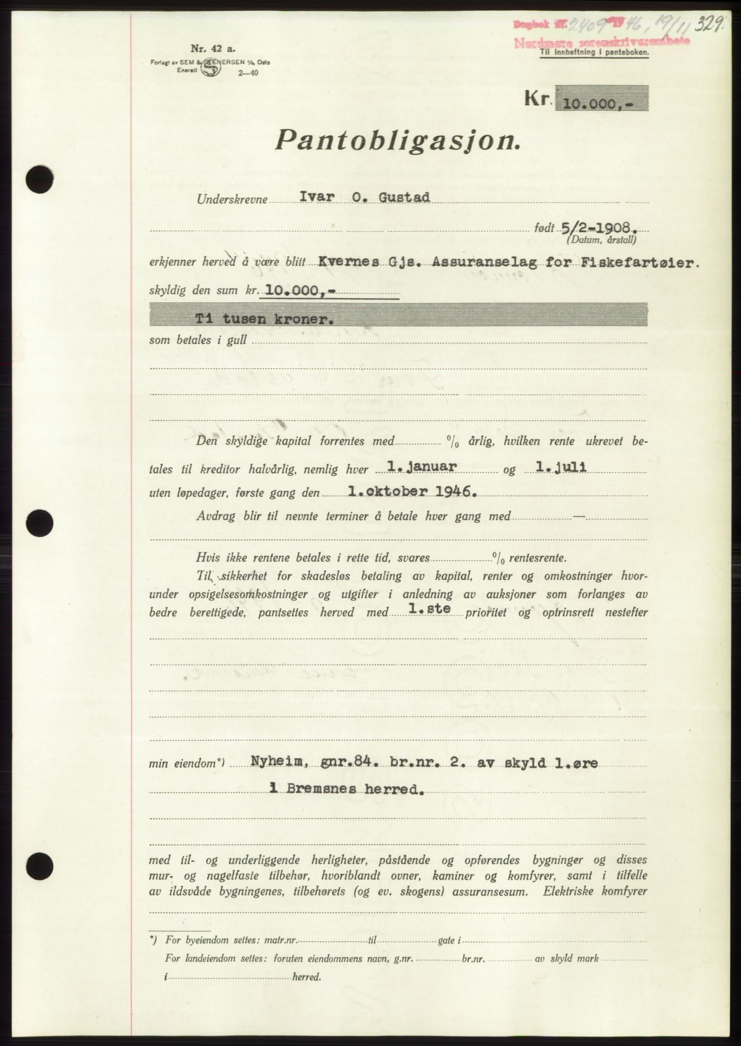 Nordmøre sorenskriveri, SAT/A-4132/1/2/2Ca: Pantebok nr. B95, 1946-1947, Dagboknr: 2409/1946
