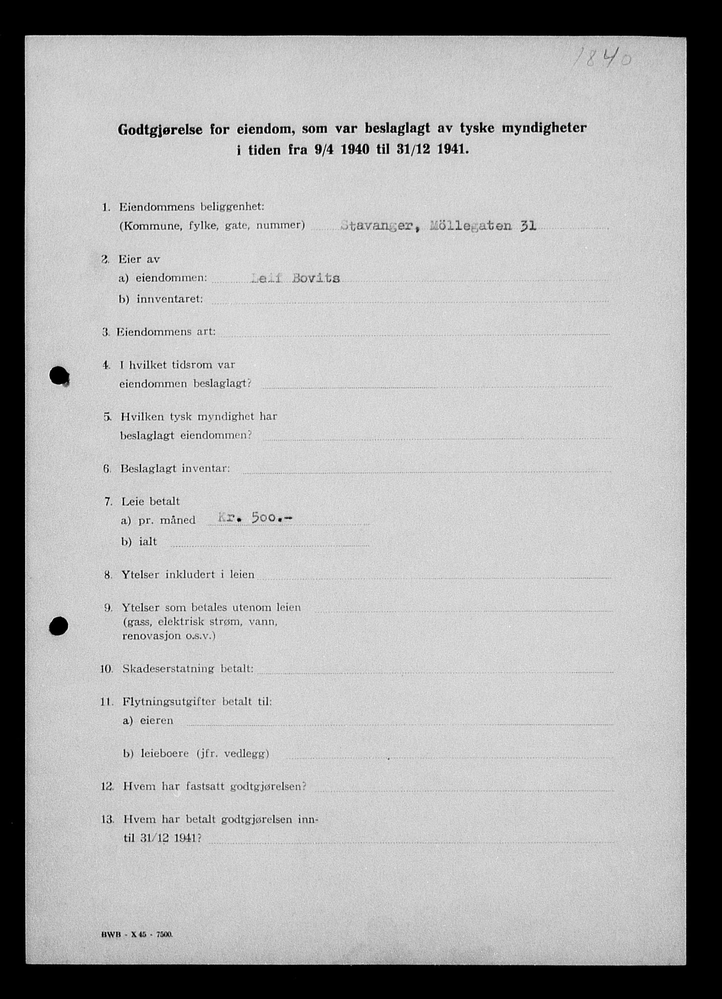 Justisdepartementet, Tilbakeføringskontoret for inndratte formuer, AV/RA-S-1564/I/L1014: Godtgjørelse for beslaglagt eiendom, 1940-1941, s. 17