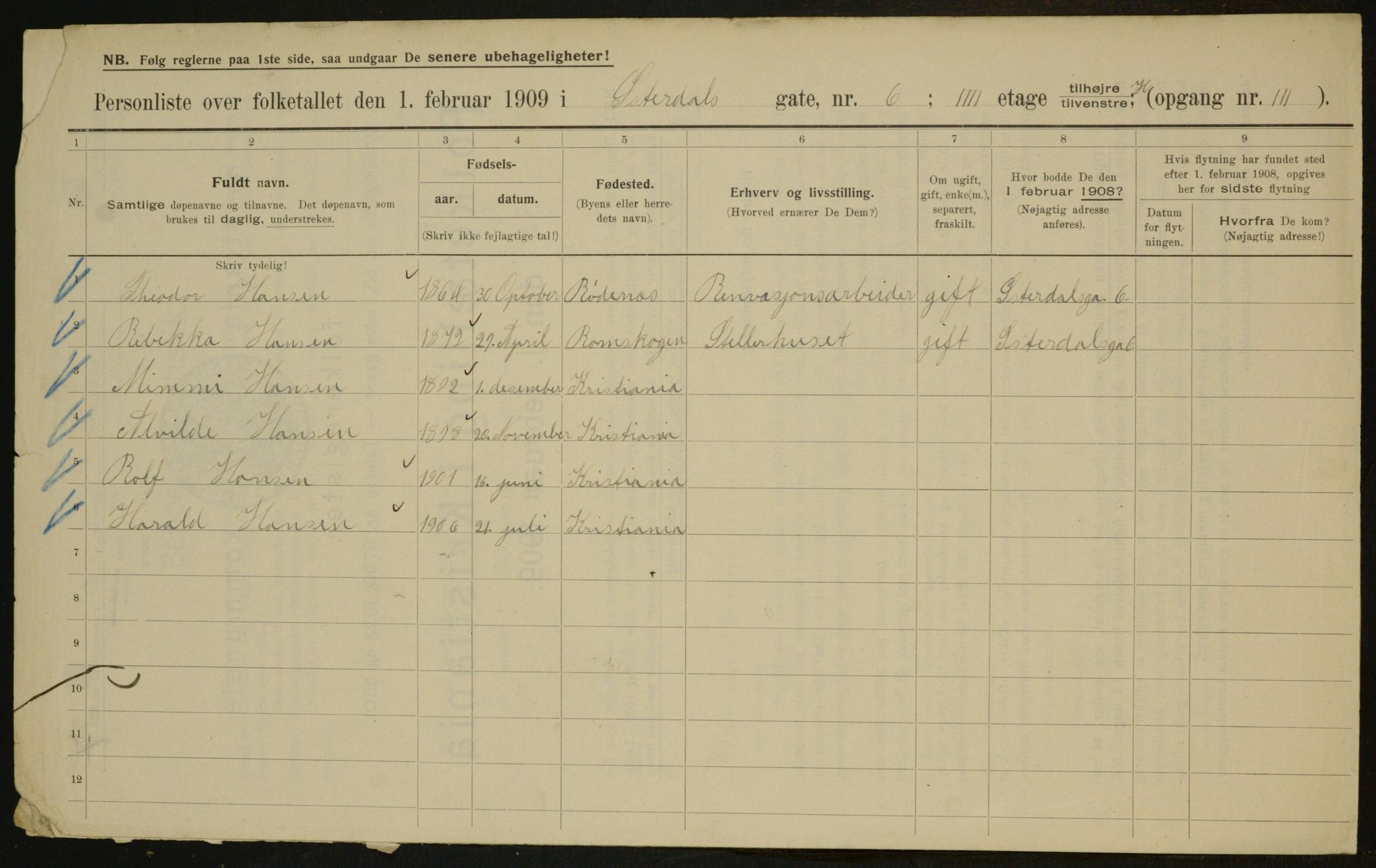 OBA, Kommunal folketelling 1.2.1909 for Kristiania kjøpstad, 1909, s. 117219