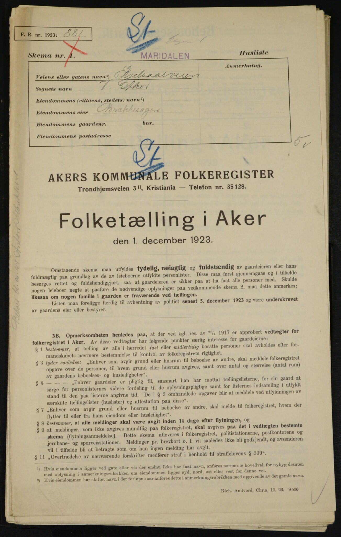 , Kommunal folketelling 1.12.1923 for Aker, 1923, s. 13224