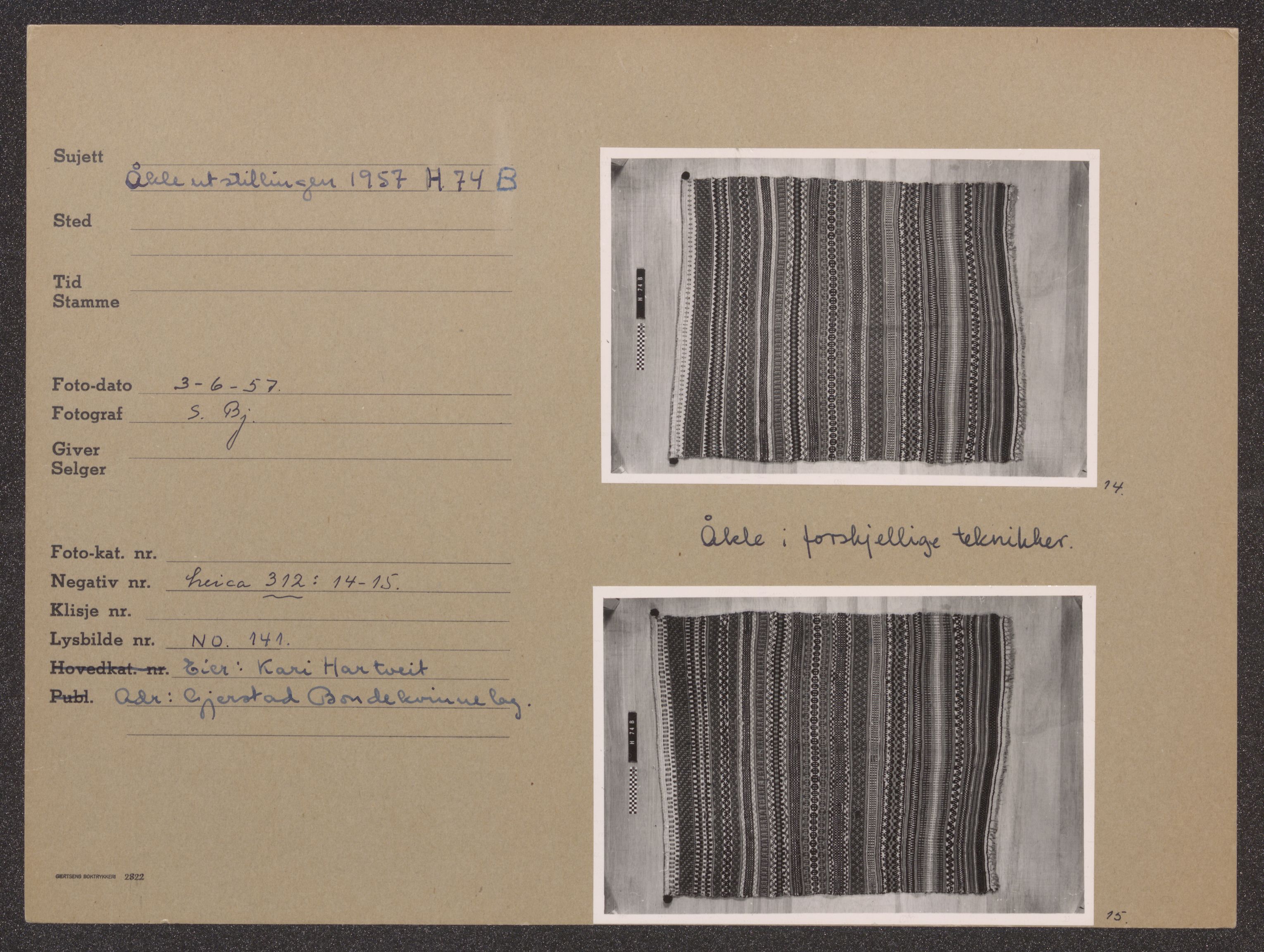 Åkleprosjektet 1957, UMB/A008/F/Fa/L0001/0003: Registreringskort Smettåkle A-H / Smettåkler H, 1957