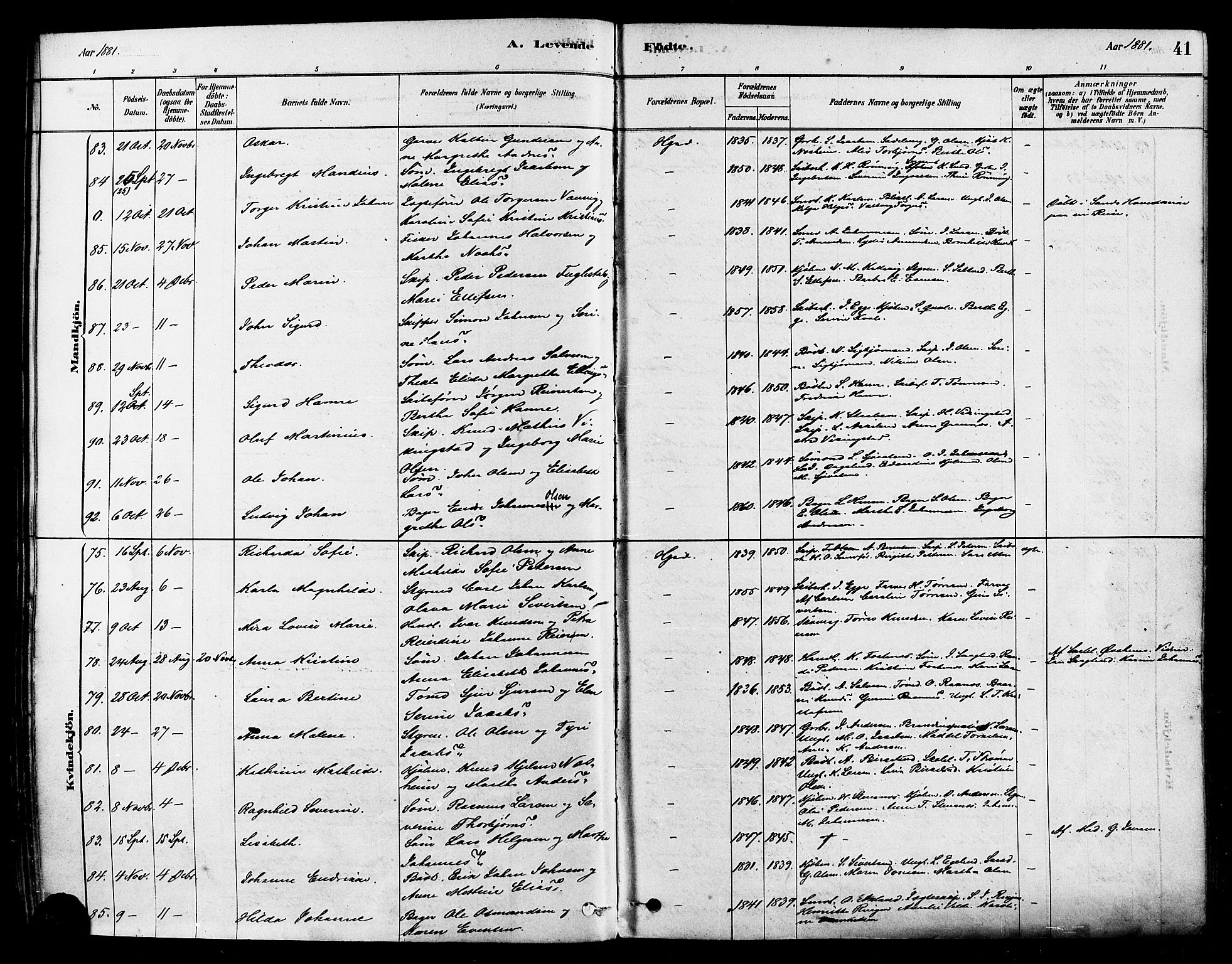 Haugesund sokneprestkontor, AV/SAST-A -101863/H/Ha/Haa/L0001: Ministerialbok nr. A 1, 1878-1885, s. 41