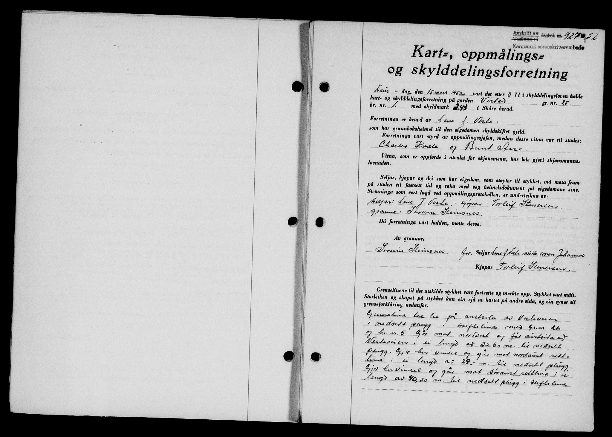 Karmsund sorenskriveri, SAST/A-100311/01/II/IIB/L0105: Pantebok nr. 85A, 1952-1952, Dagboknr: 927/1952