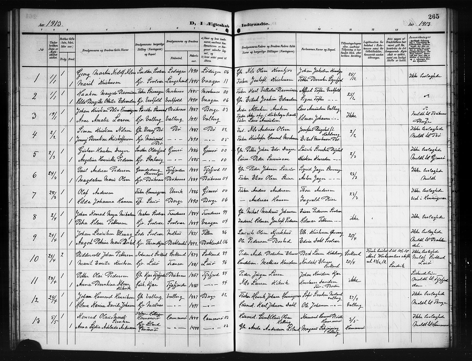 Ministerialprotokoller, klokkerbøker og fødselsregistre - Nordland, AV/SAT-A-1459/874/L1079: Klokkerbok nr. 874C08, 1907-1915, s. 265
