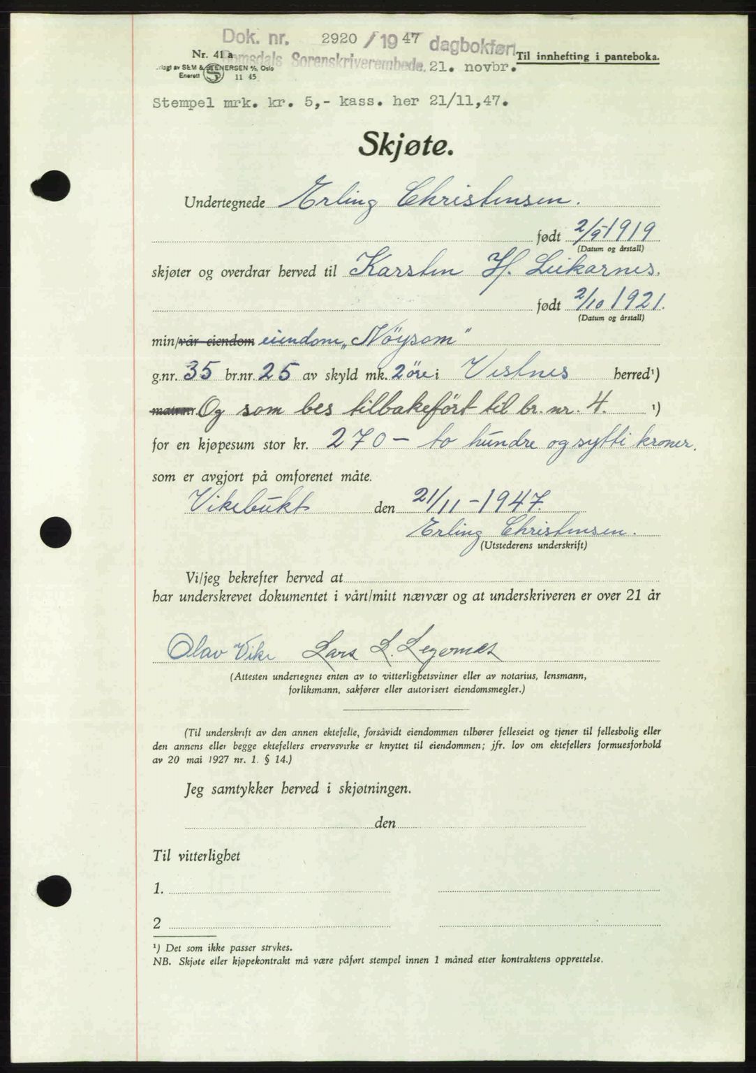 Romsdal sorenskriveri, AV/SAT-A-4149/1/2/2C: Pantebok nr. A24, 1947-1947, Dagboknr: 2920/1947