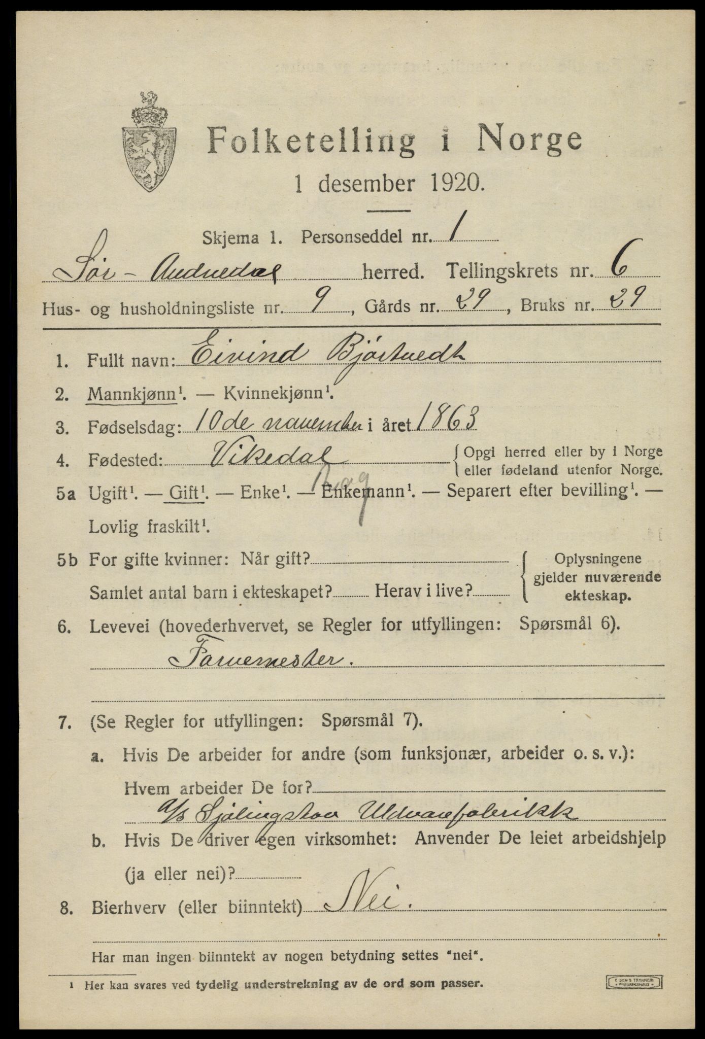 SAK, Folketelling 1920 for 1029 Sør-Audnedal herred, 1920, s. 2781