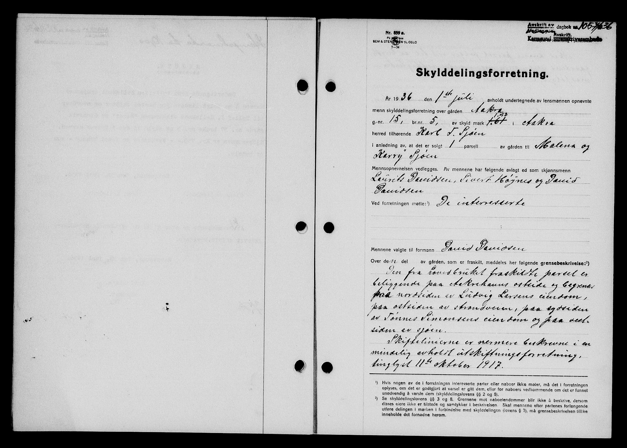 Karmsund sorenskriveri, SAST/A-100311/01/II/IIB/L0066: Pantebok nr. 47A, 1936-1936, Dagboknr: 1057/1936