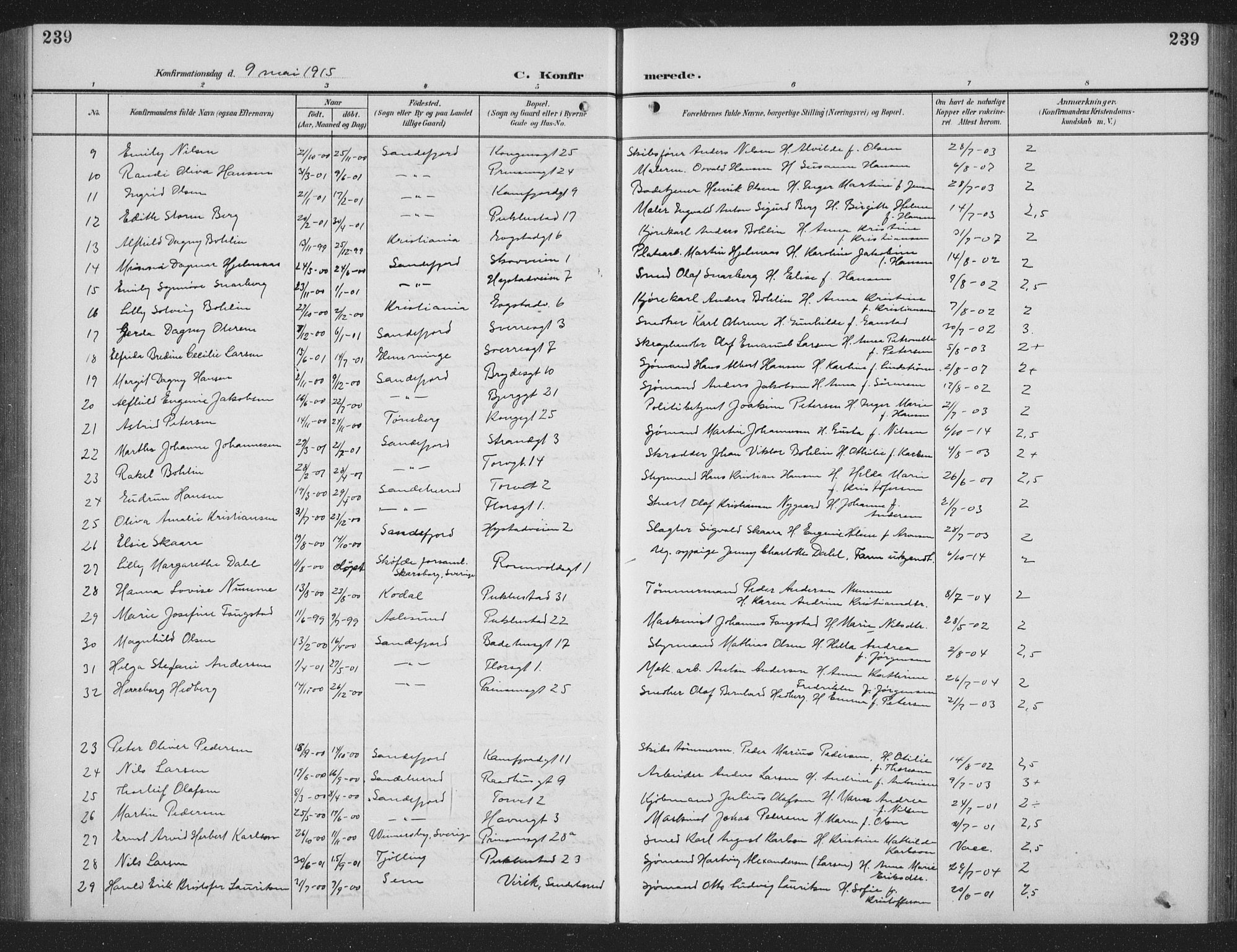 Sandefjord kirkebøker, AV/SAKO-A-315/G/Ga/L0003: Klokkerbok nr. 3, 1903-1920, s. 239
