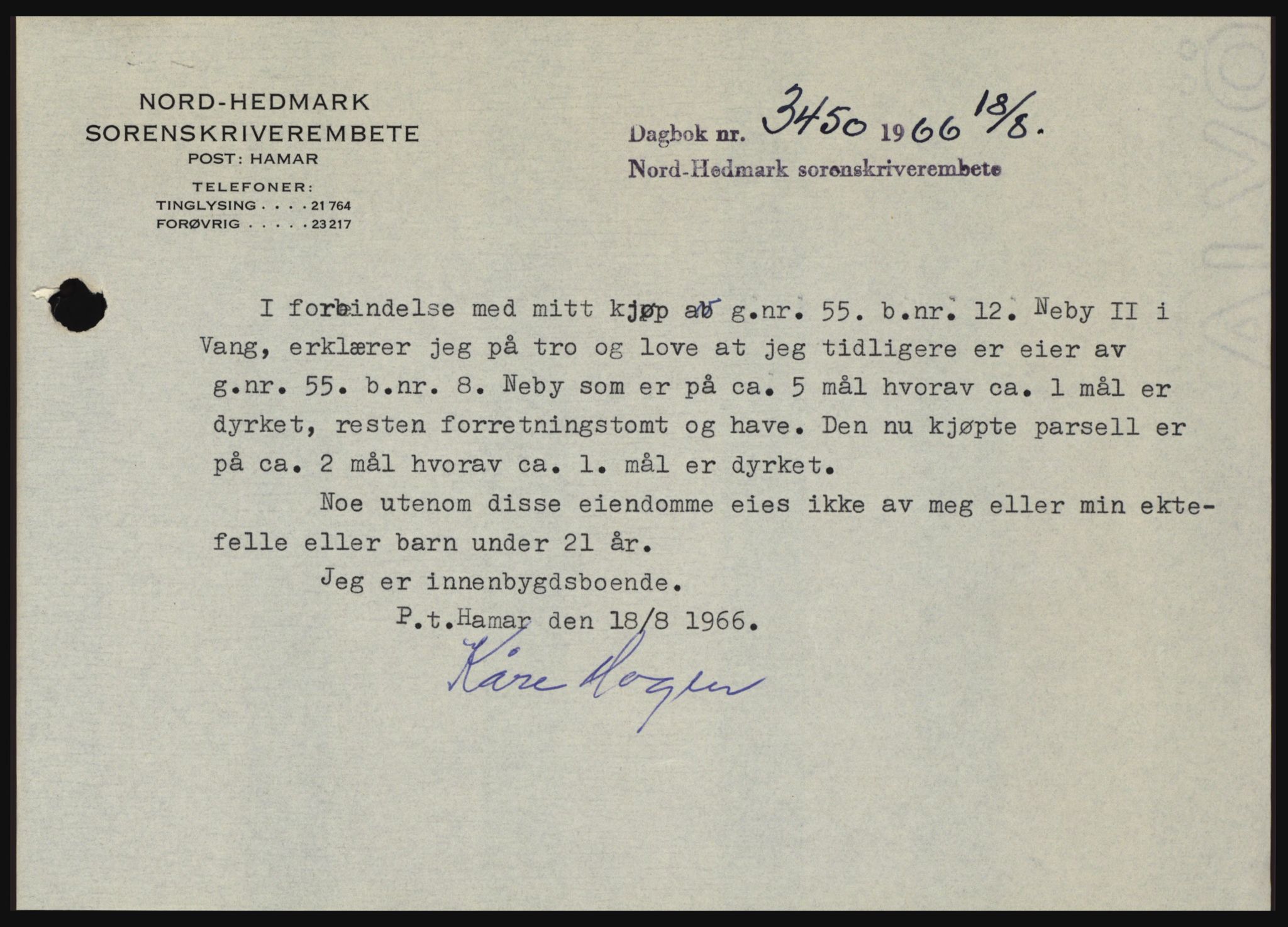 Nord-Hedmark sorenskriveri, SAH/TING-012/H/Hc/L0024: Pantebok nr. 24, 1966-1966, Dagboknr: 3450/1966