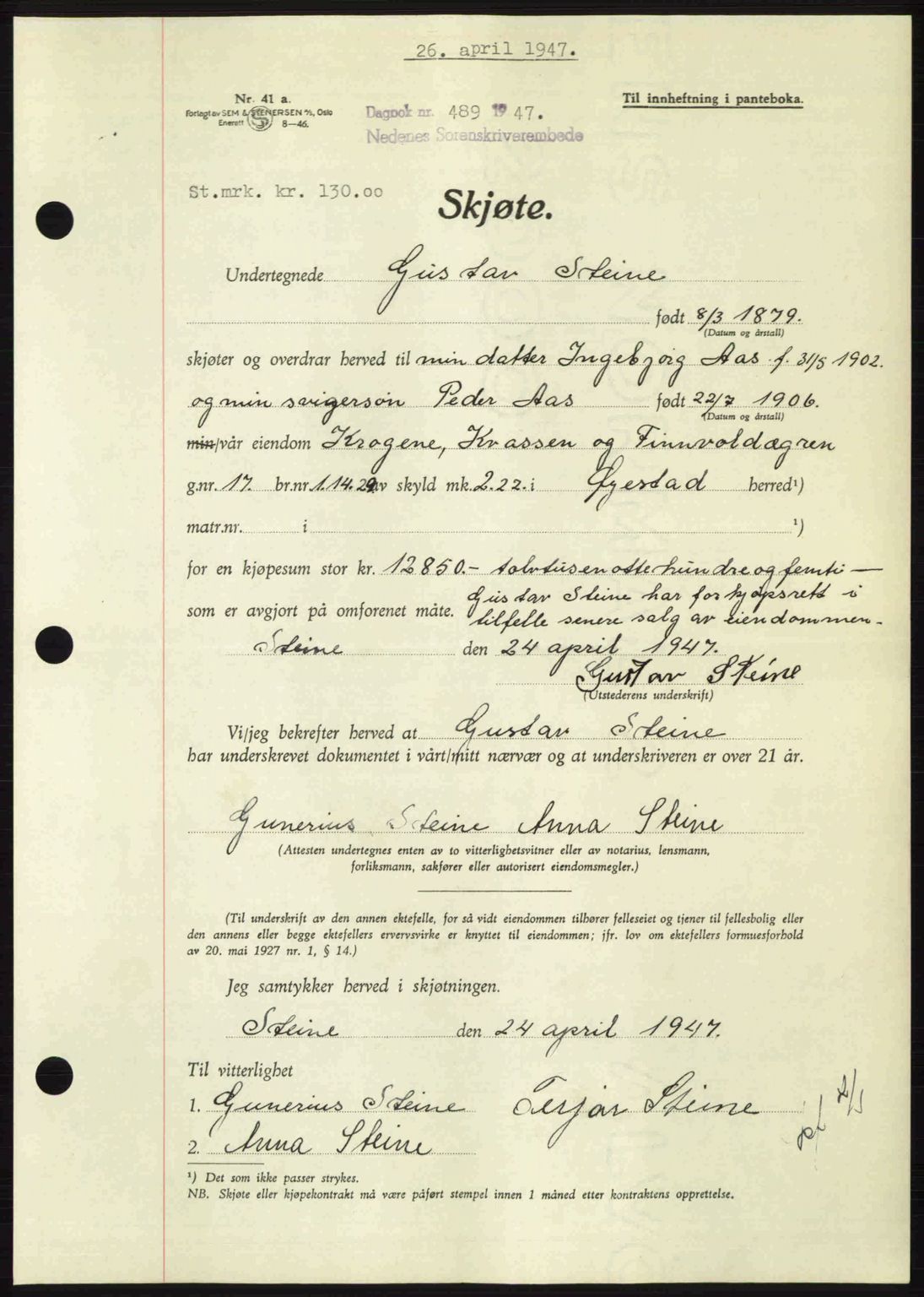 Nedenes sorenskriveri, AV/SAK-1221-0006/G/Gb/Gba/L0057: Pantebok nr. A9, 1947-1947, Dagboknr: 489/1947