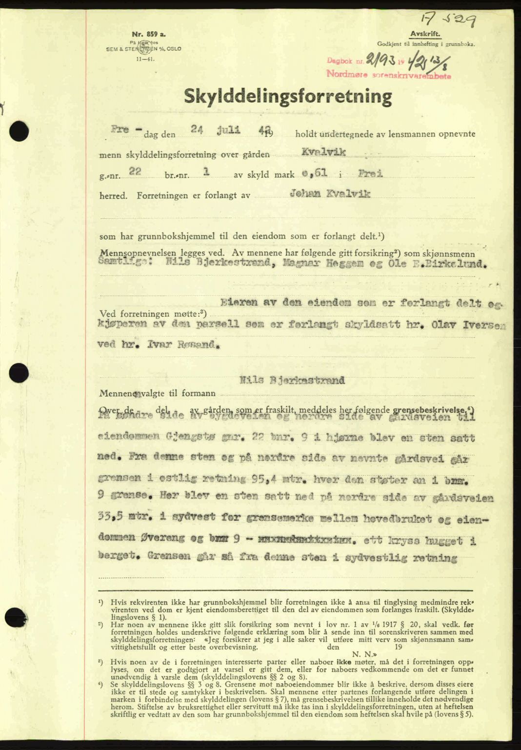 Nordmøre sorenskriveri, SAT/A-4132/1/2/2Ca: Pantebok nr. A93, 1942-1942, Dagboknr: 2193/1942