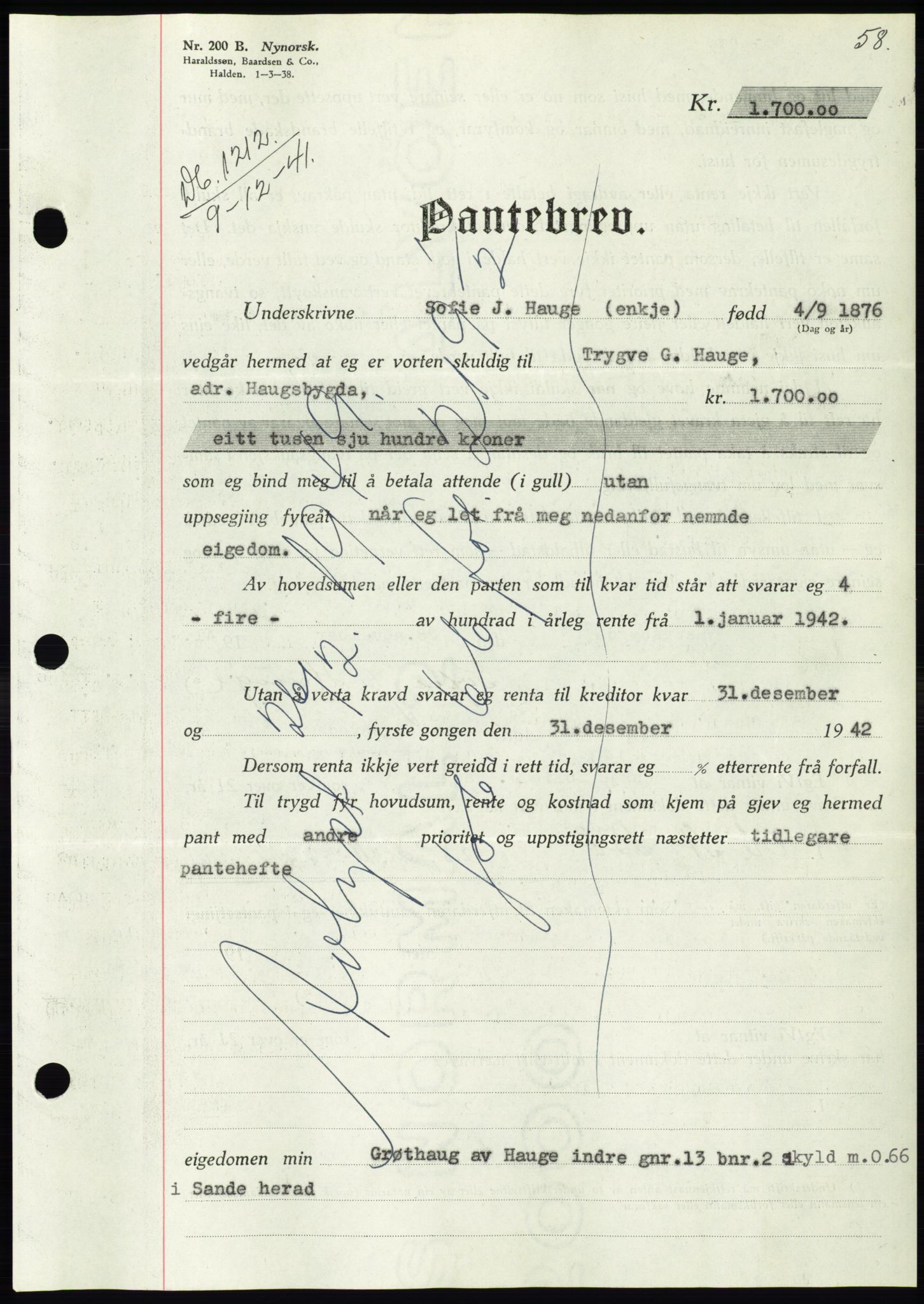 Søre Sunnmøre sorenskriveri, SAT/A-4122/1/2/2C/L0073: Pantebok nr. 67, 1941-1942, Dagboknr: 1212/1941