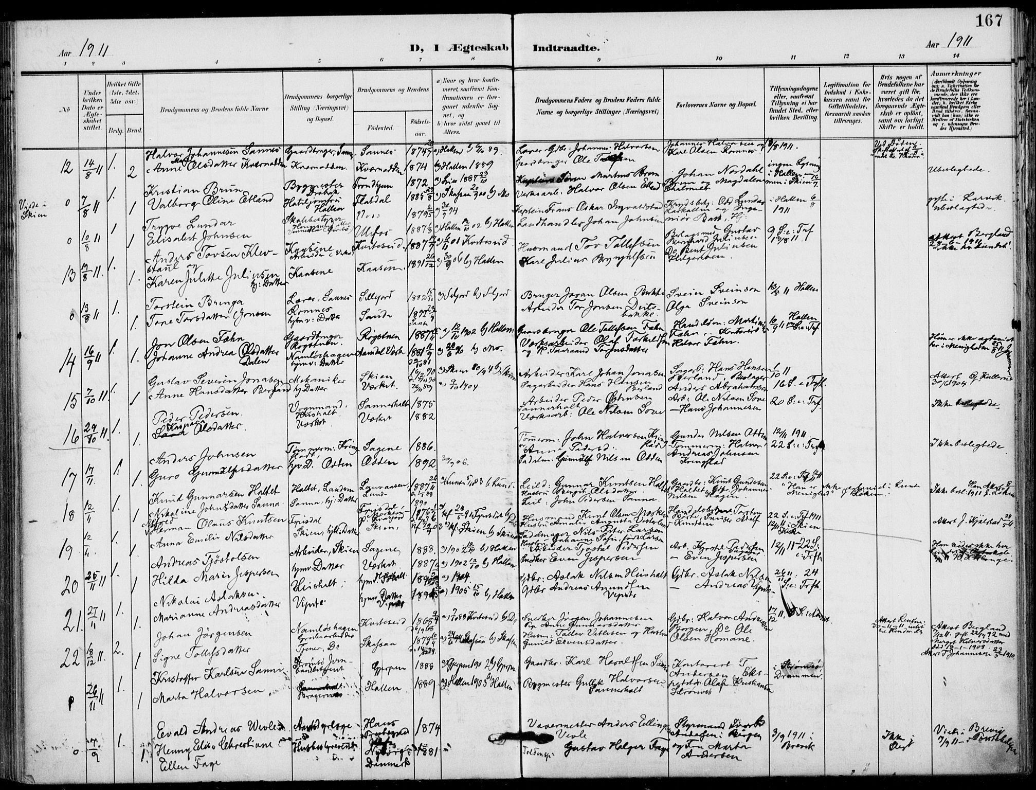 Holla kirkebøker, AV/SAKO-A-272/F/Fa/L0012: Ministerialbok nr. 12, 1907-1923, s. 167