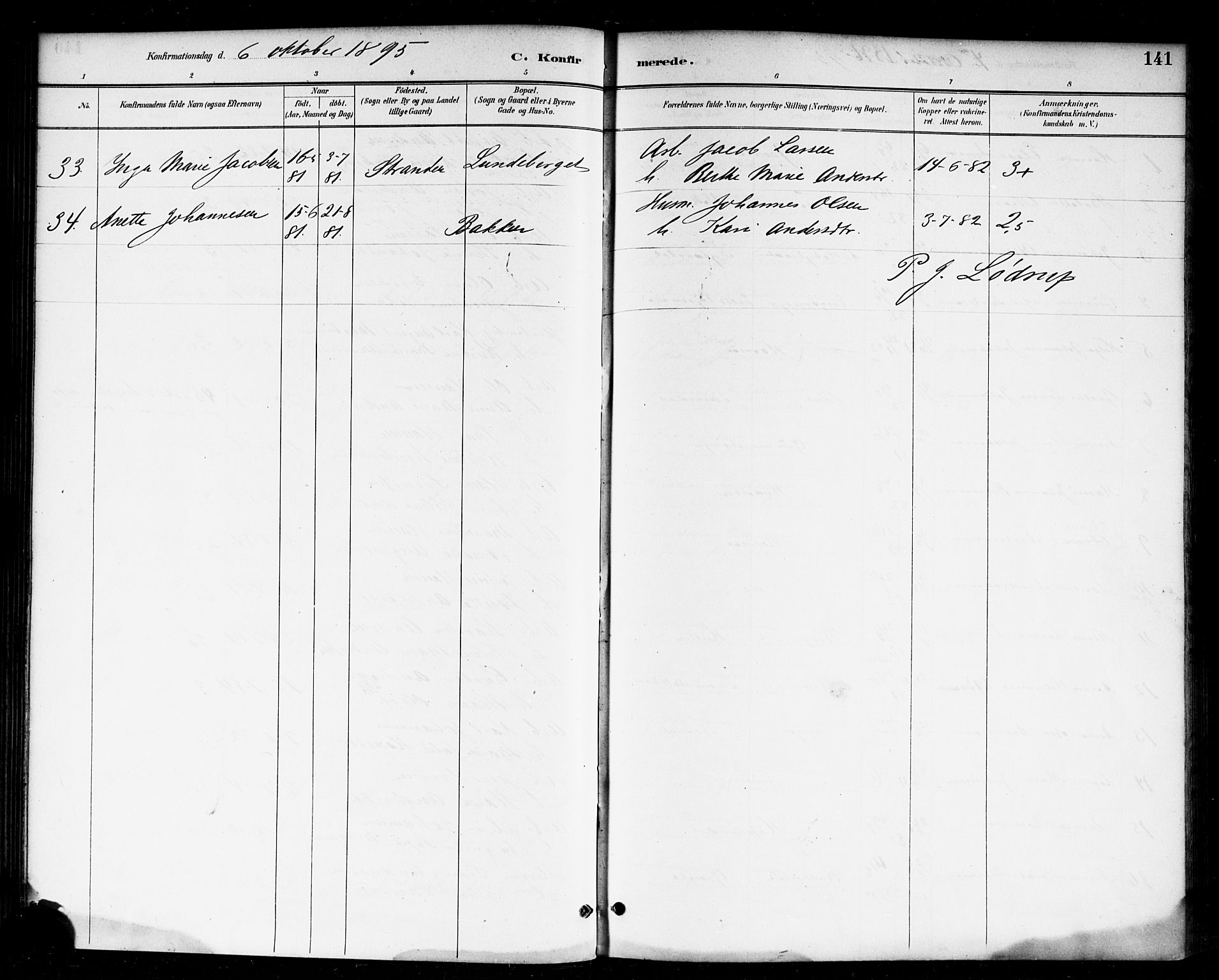 Skjeberg prestekontor Kirkebøker, SAO/A-10923/F/Fa/L0009: Ministerialbok nr. I 9, 1886-1897, s. 141