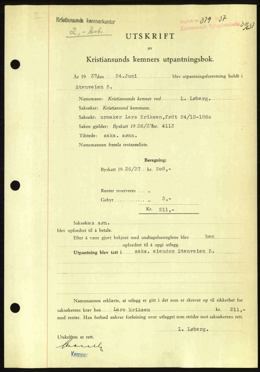 Kristiansund byfogd, SAT/A-4587/A/27: Pantebok nr. 29, 1936-1937, Dagboknr: 379/1937