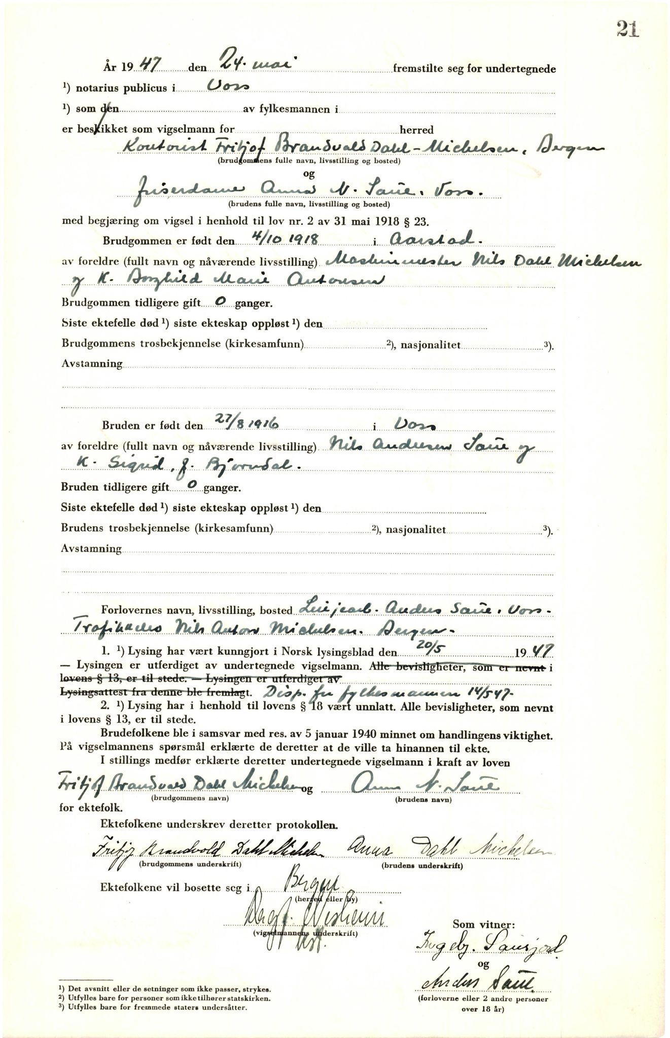 Voss sorenskrivar, AV/SAB-A-2701/M/Maa/L0003: Vigselbok, 1945-1969, s. 21