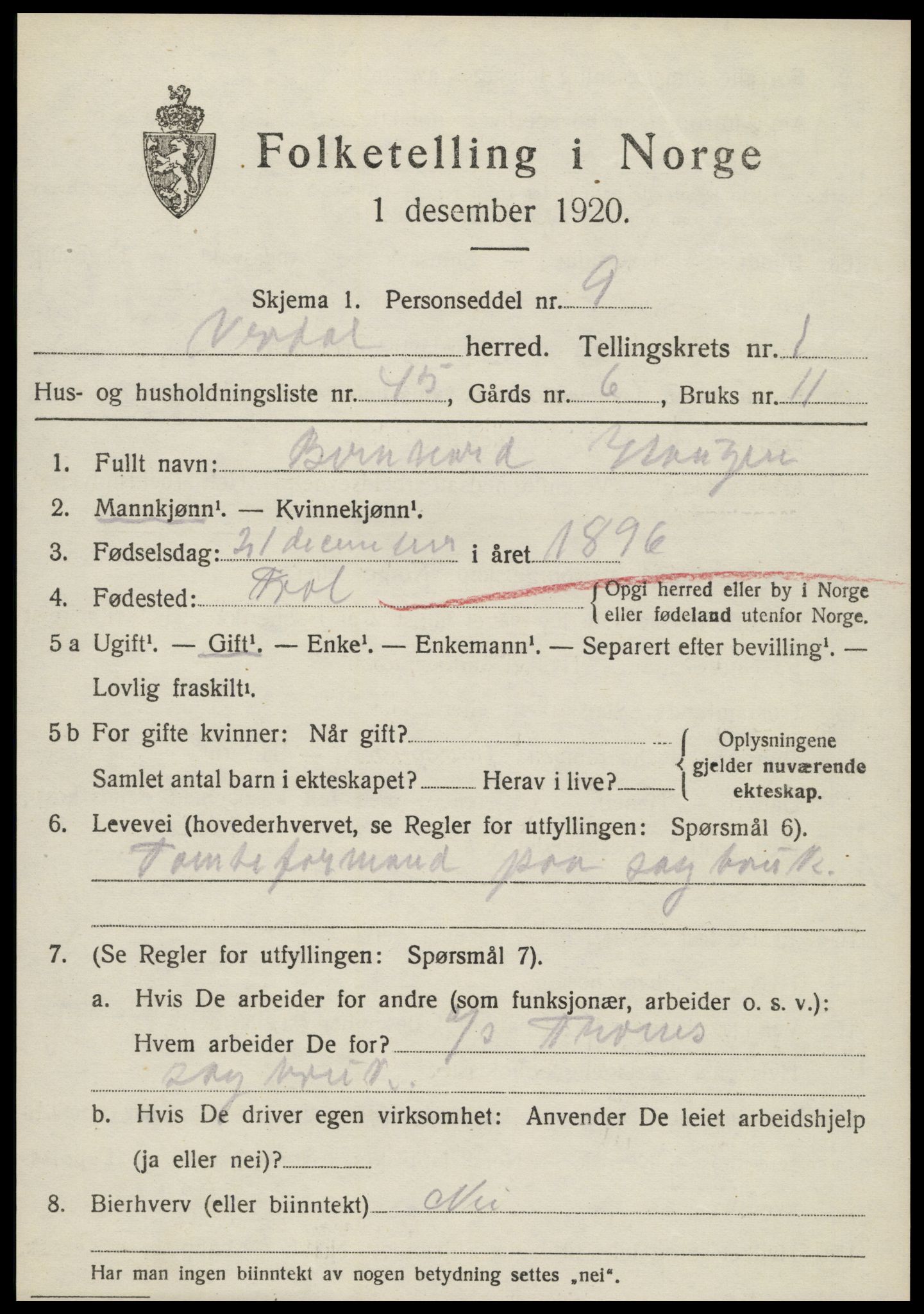 SAT, Folketelling 1920 for 1721 Verdal herred, 1920, s. 2891