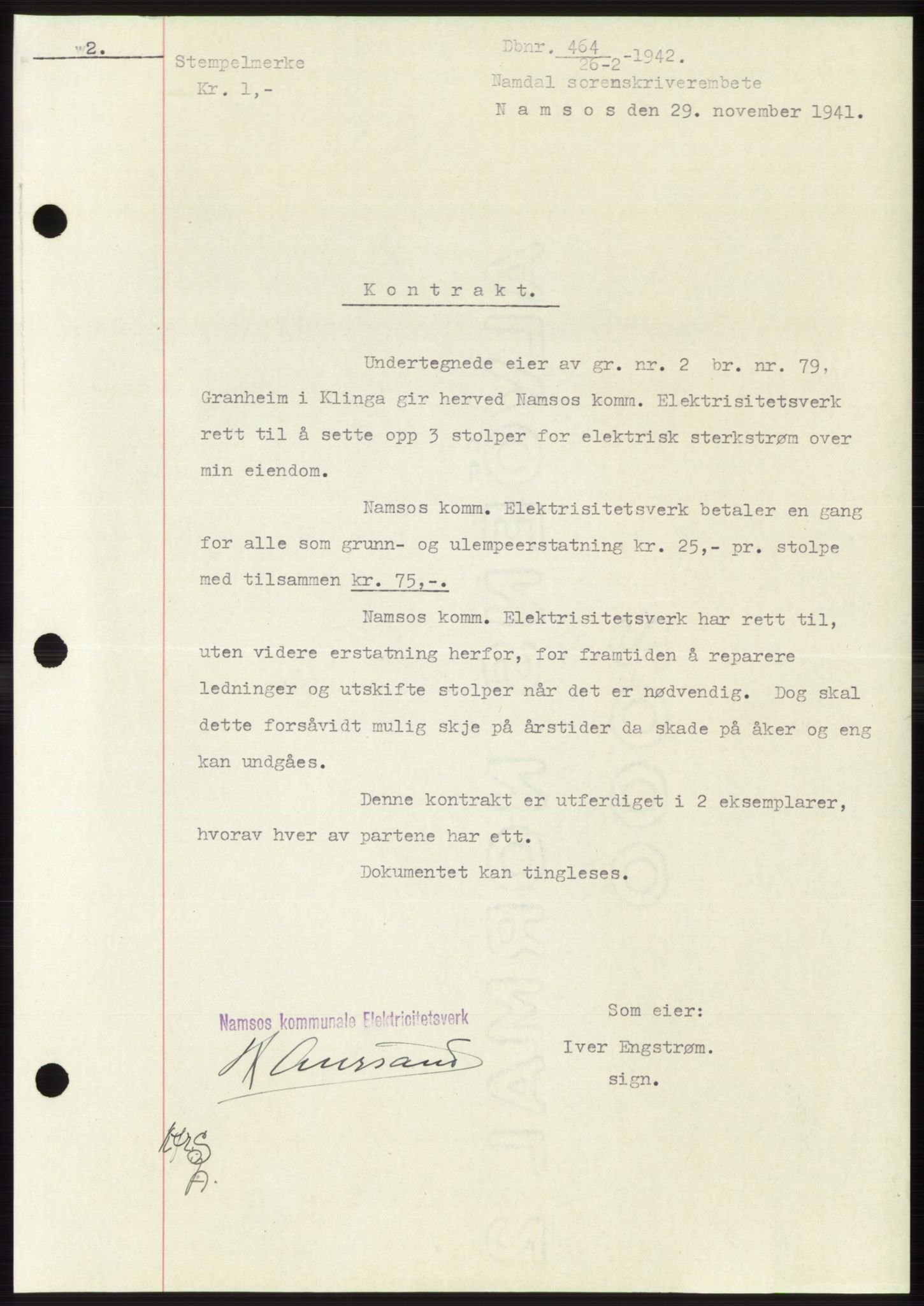 Namdal sorenskriveri, SAT/A-4133/1/2/2C: Pantebok nr. -, 1941-1942, Dagboknr: 464/1942