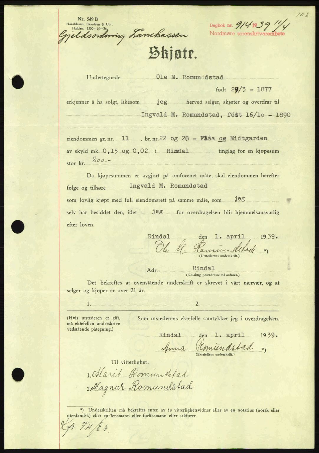 Nordmøre sorenskriveri, SAT/A-4132/1/2/2Ca: Pantebok nr. A86, 1939-1939, Dagboknr: 914/1939