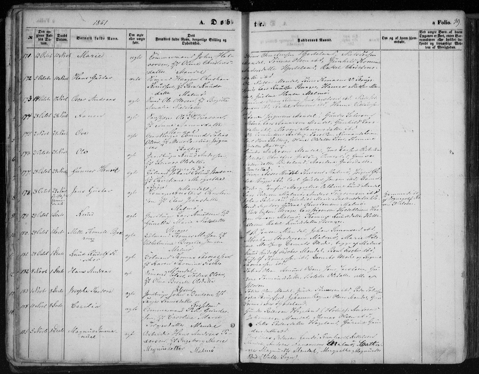 Mandal sokneprestkontor, AV/SAK-1111-0030/F/Fa/Faa/L0014: Ministerialbok nr. A 14, 1859-1872, s. 39