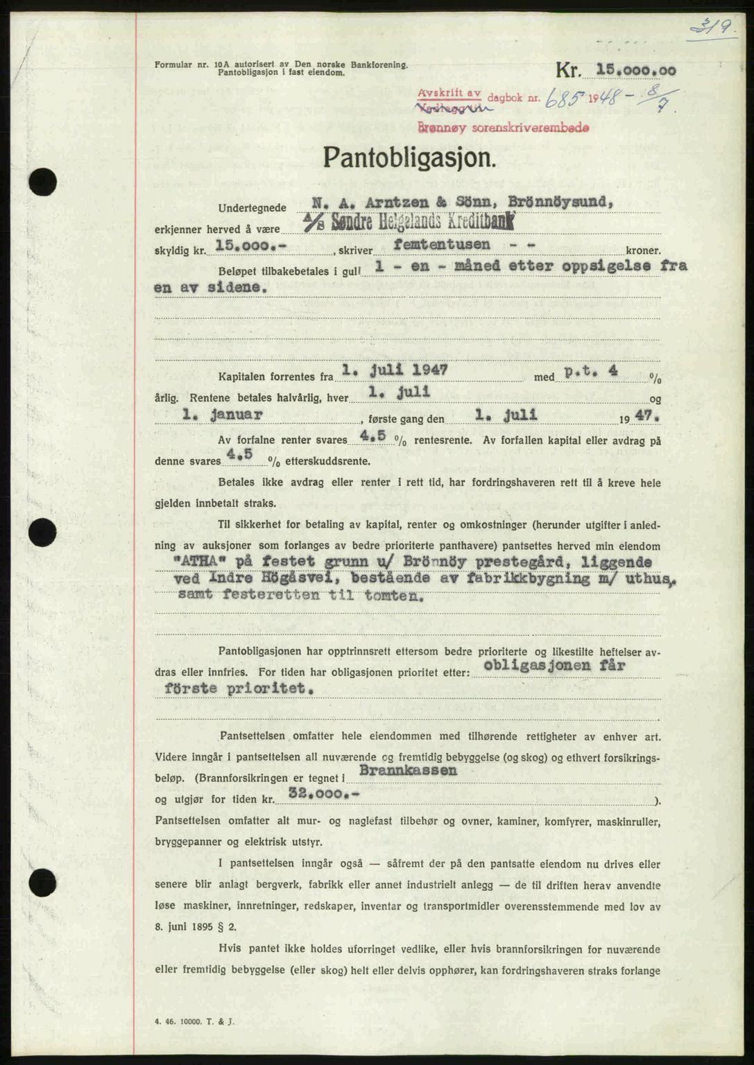 Brønnøy sorenskriveri, SAT/A-4170/1/2/2C: Pantebok nr. 30, 1948-1948, Dagboknr: 685/1948