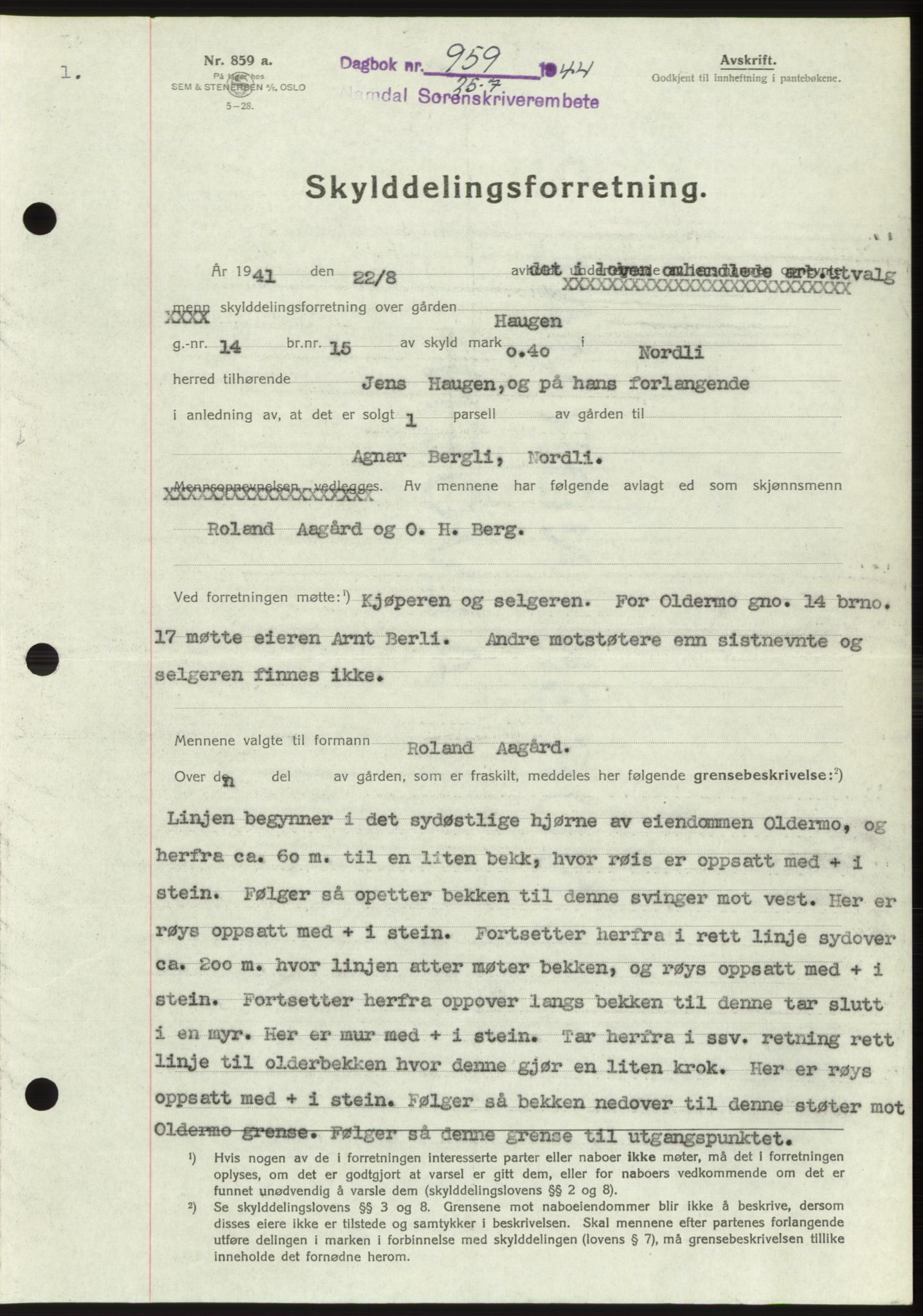 Namdal sorenskriveri, SAT/A-4133/1/2/2C: Pantebok nr. -, 1944-1945, Dagboknr: 959/1944