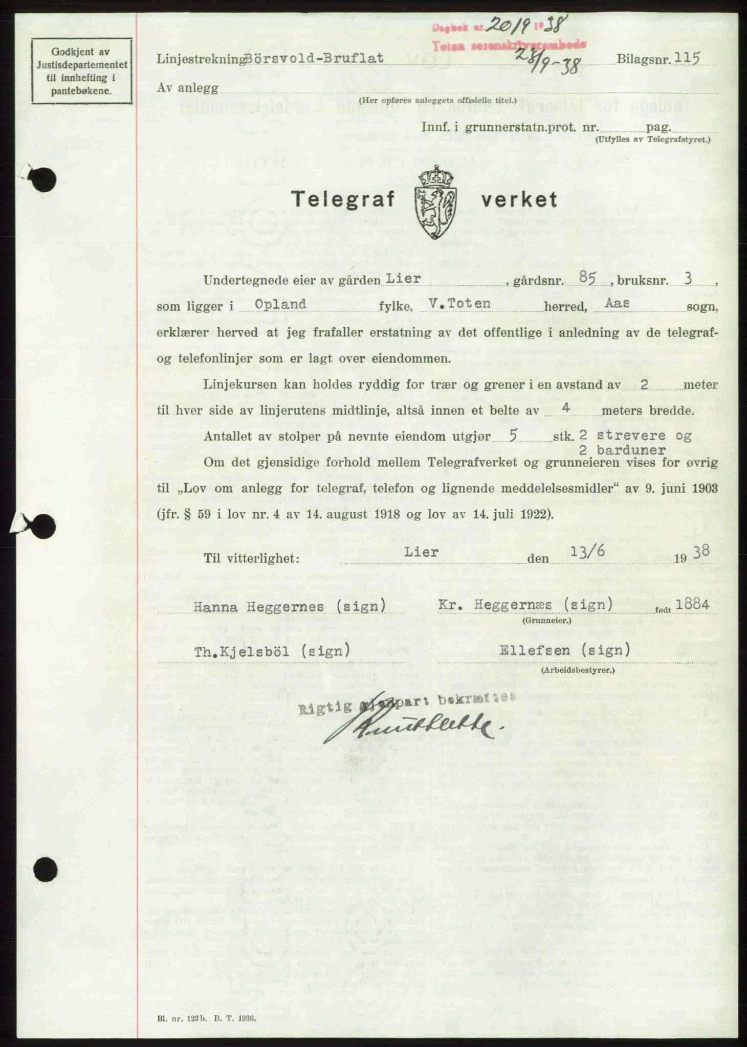 Toten tingrett, SAH/TING-006/H/Hb/Hbc/L0004: Pantebok nr. Hbc-04, 1938-1938, Dagboknr: 2019/1938