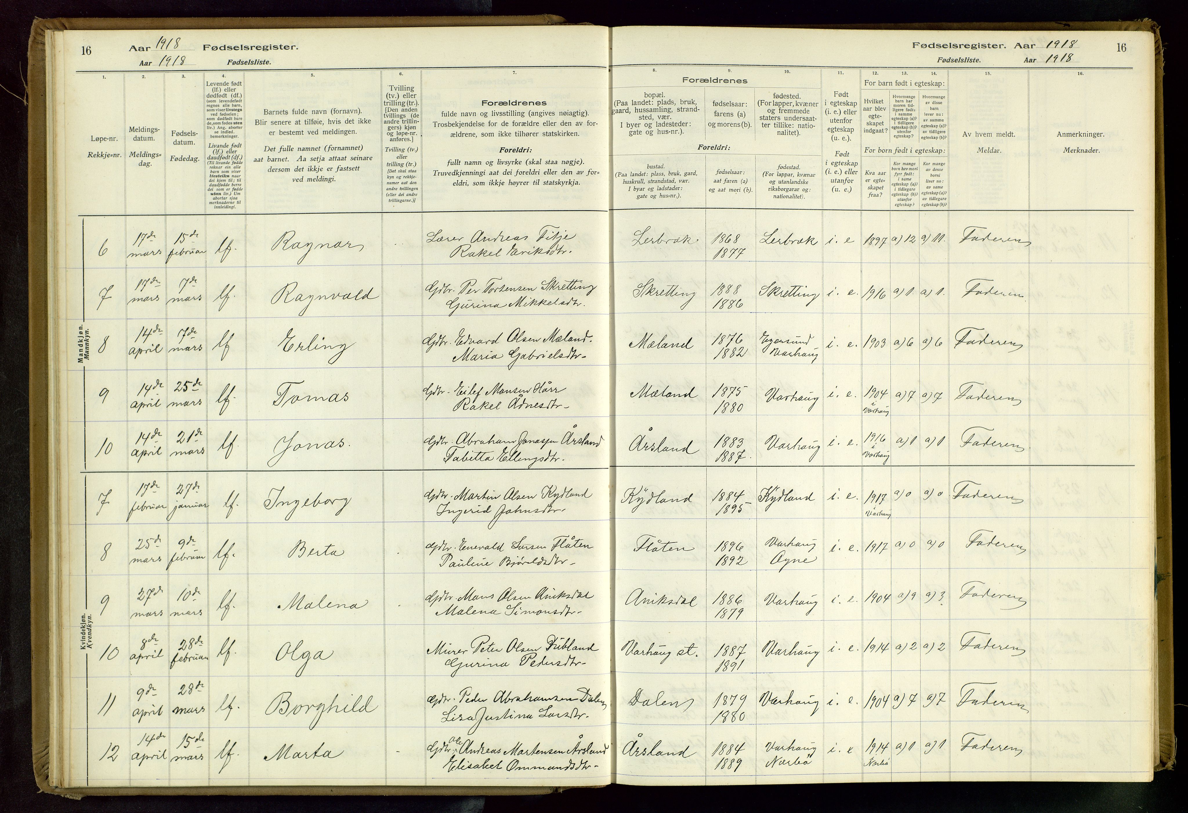 Hå sokneprestkontor, AV/SAST-A-101801/001/704BA/L0001: Fødselsregister nr. 1, 1916-1944, s. 16