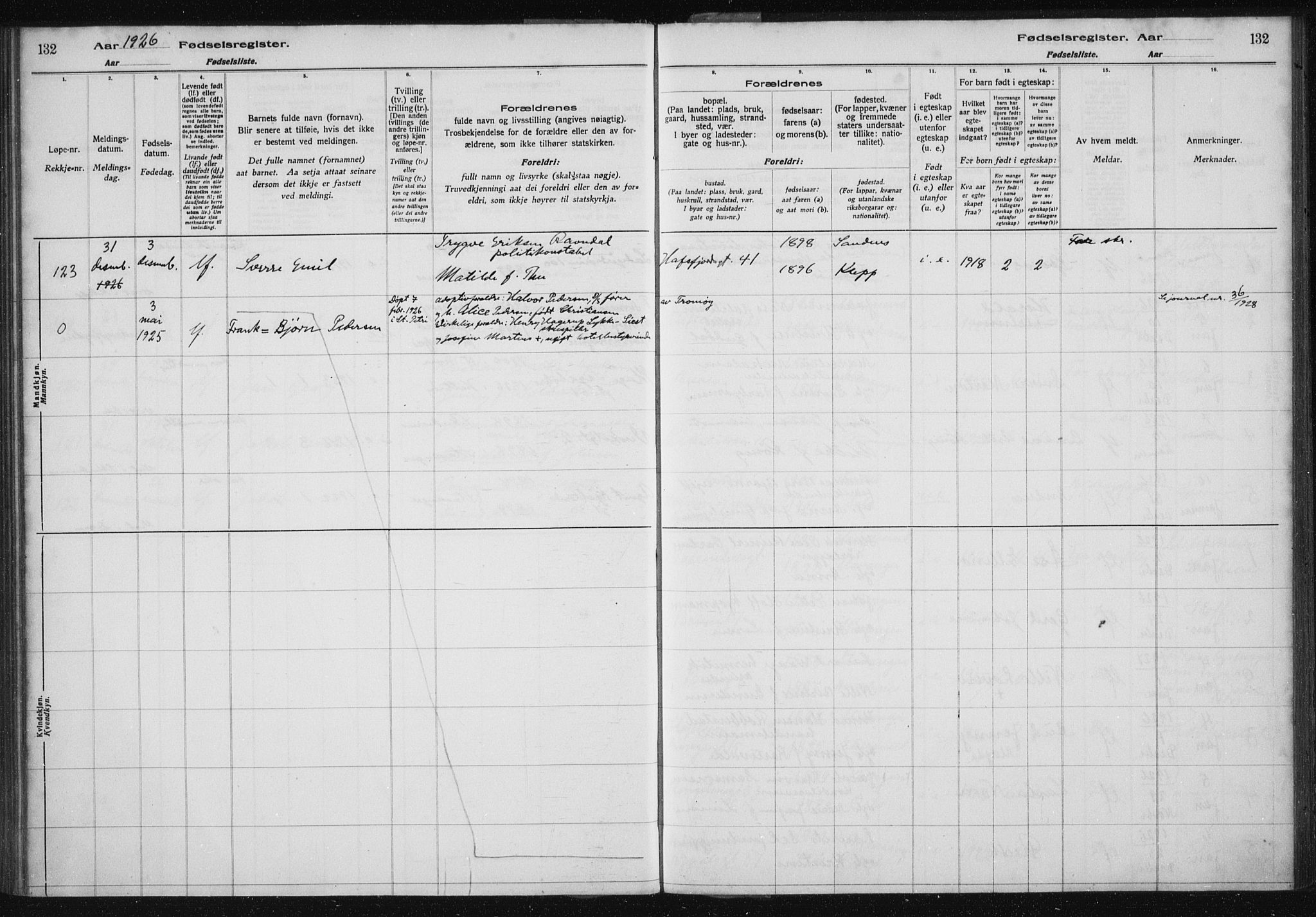 St. Petri sokneprestkontor, AV/SAST-A-101813/002/A/L0002: Fødselsregister nr. 2, 1922-1929, s. 132