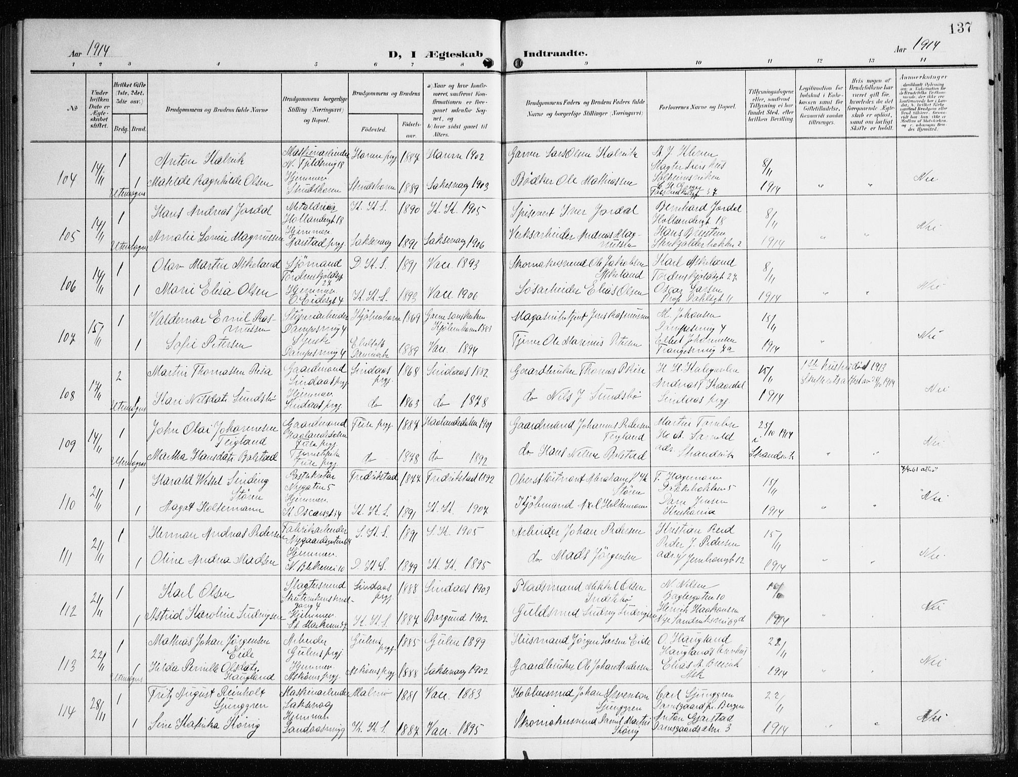 Korskirken sokneprestembete, AV/SAB-A-76101/H/Haa/L0038: Ministerialbok nr. D 5, 1904-1919, s. 137