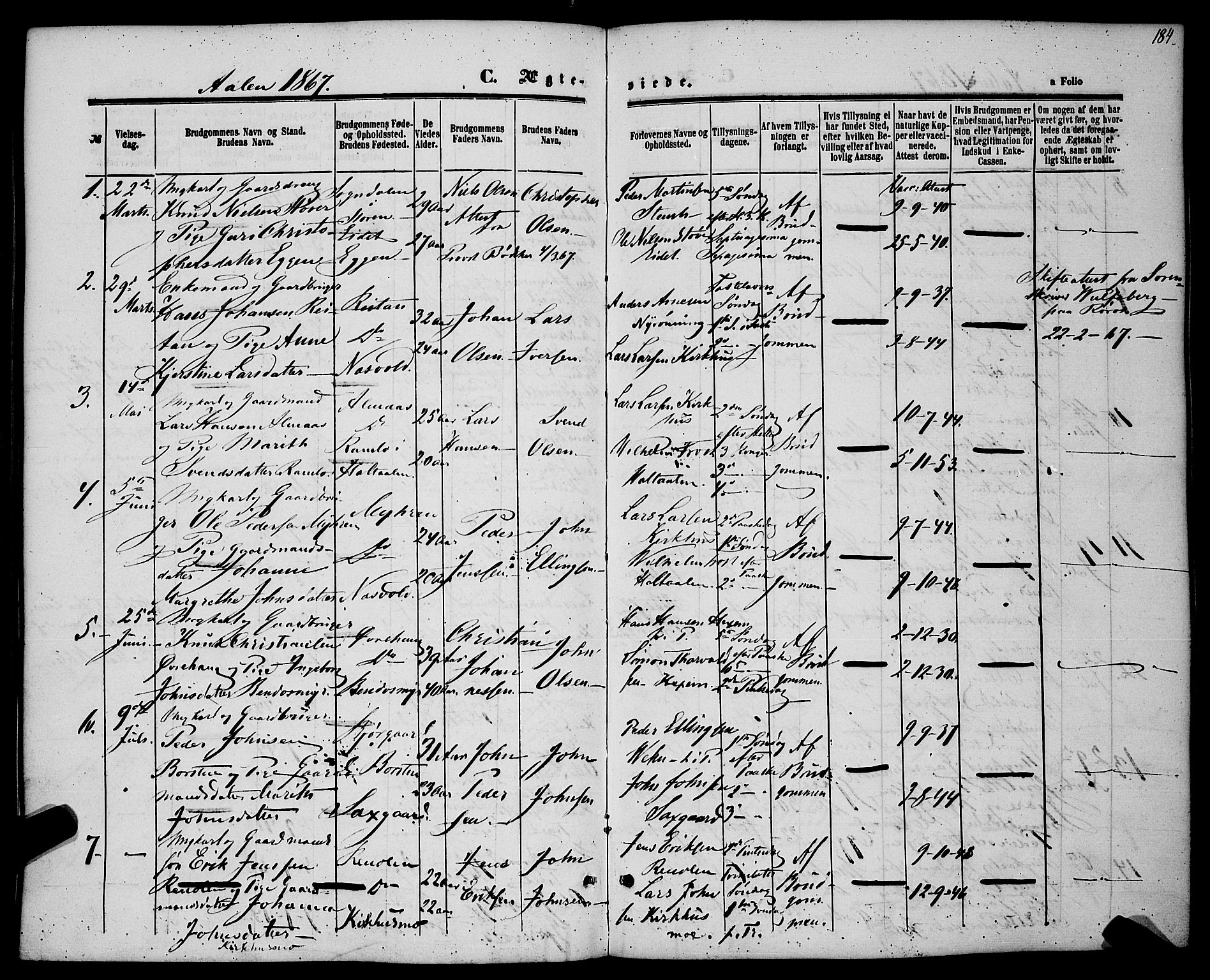 Ministerialprotokoller, klokkerbøker og fødselsregistre - Sør-Trøndelag, SAT/A-1456/685/L0968: Ministerialbok nr. 685A07 /3, 1860-1869, s. 184