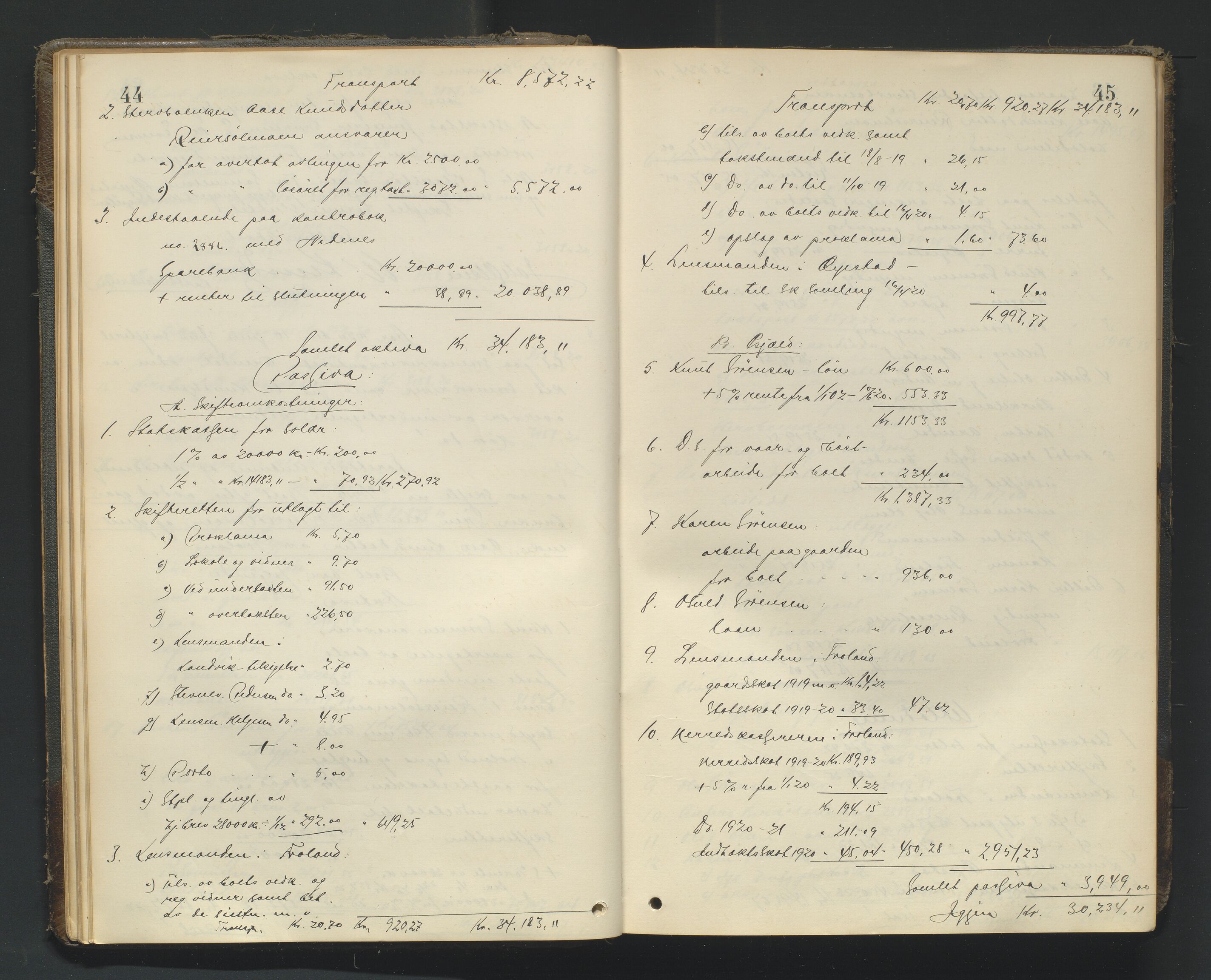 Nedenes sorenskriveri, AV/SAK-1221-0006/H/Hc/L0022: Skifteutlodningsprotokoll nr 8, 1919-1926, s. 44-45